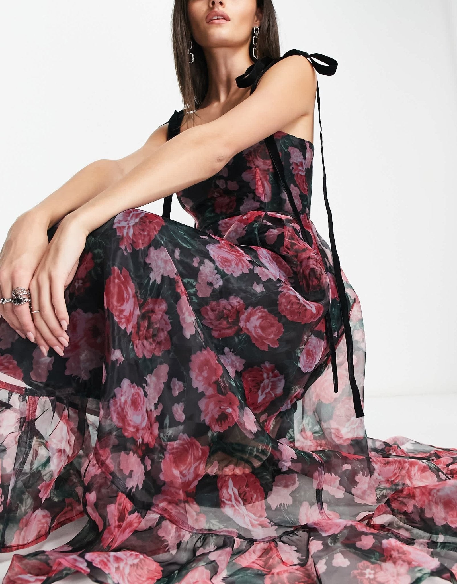 Sister Jane bow strap midi dress in dark printed floral mesh - ASOS Sample Sale EU Store