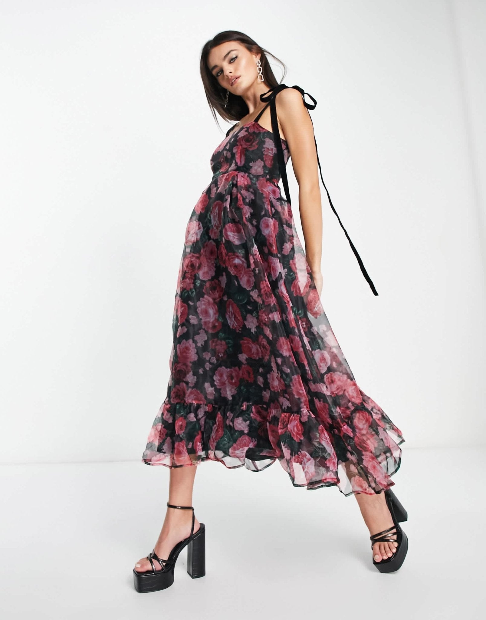 Sister Jane bow strap midi dress in dark printed floral mesh - ASOS Sample Sale EU Store