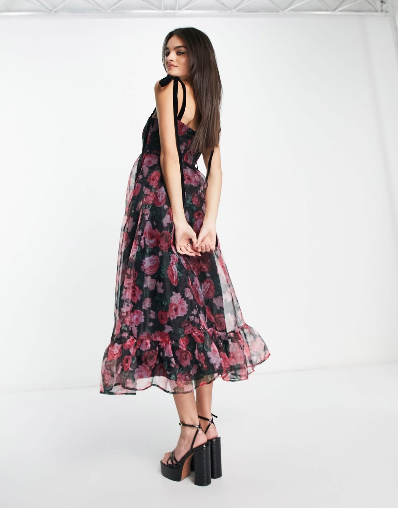 Sister Jane bow strap midi dress in dark printed floral mesh - ASOS Sample Sale EU Store