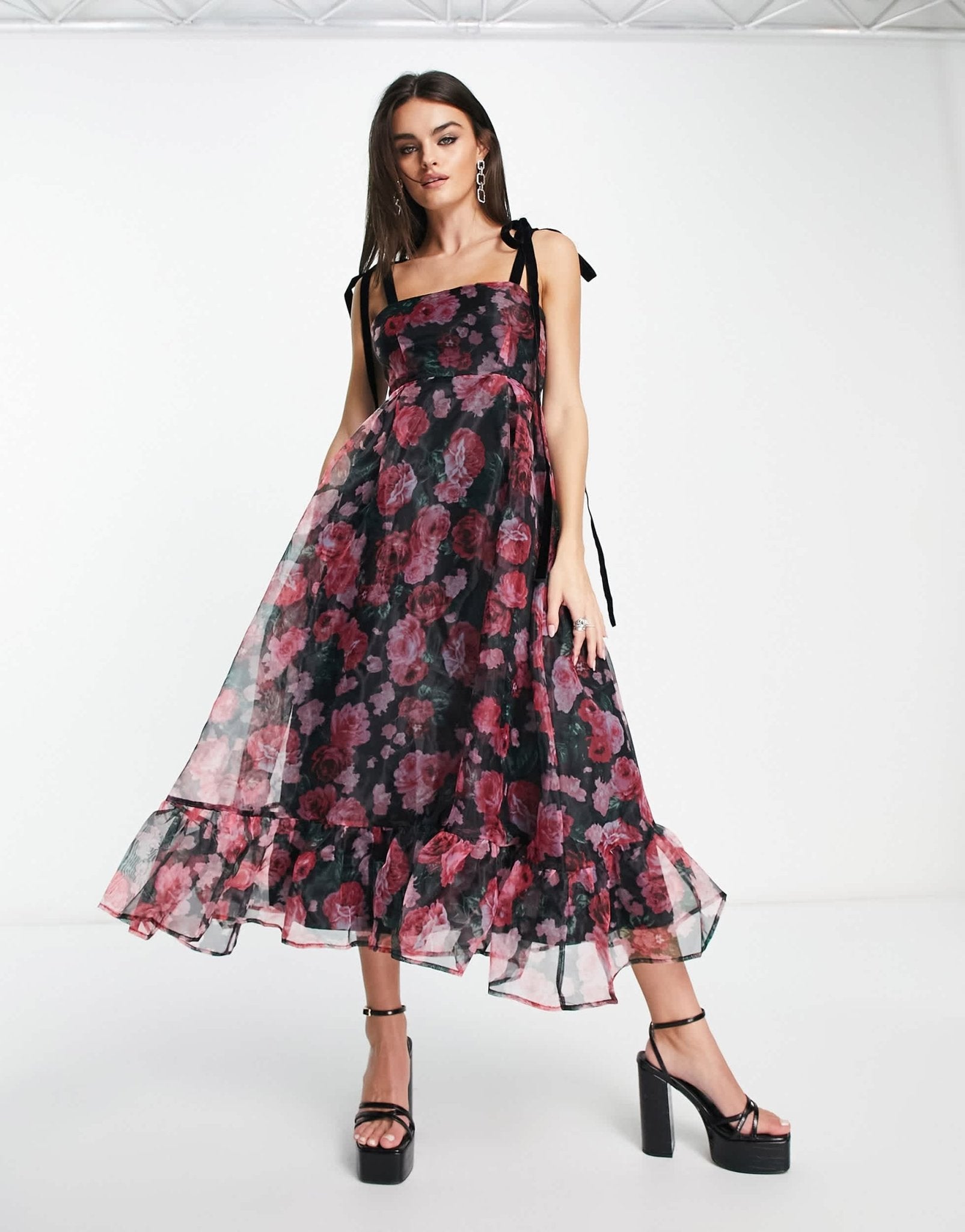 Sister Jane bow strap midi dress in dark printed floral mesh - ASOS Sample Sale EU Store