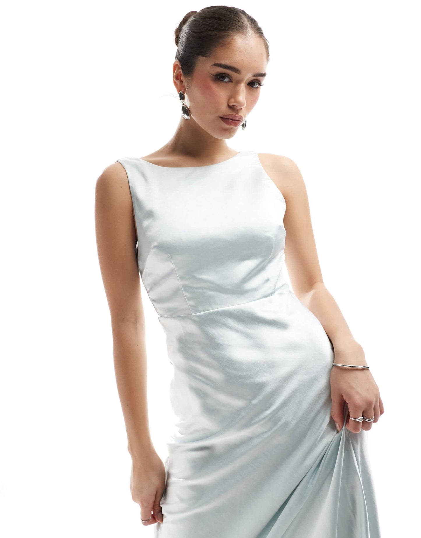 Six Stories Bridesmaid cowl back satin maxi dress in ice blue - ASOS Sample Sale EU Store