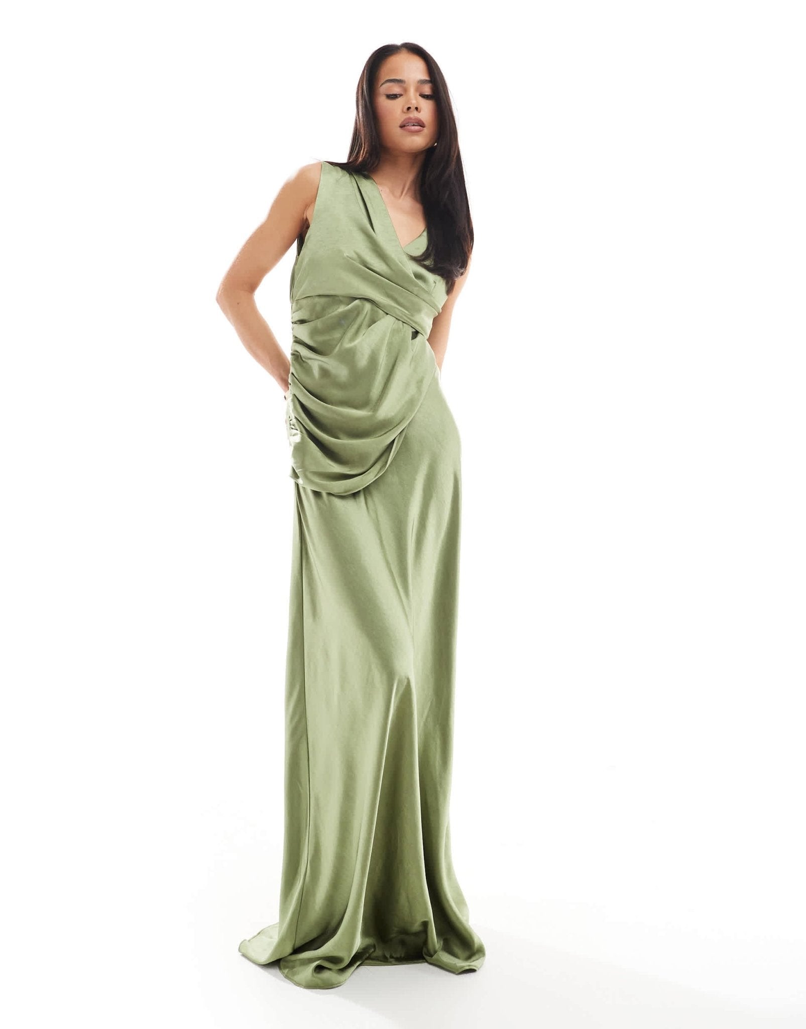 Six Stories Bridesmaid gathered overlay satin maxi dress in moss green - ASOS Sample Sale EU Store