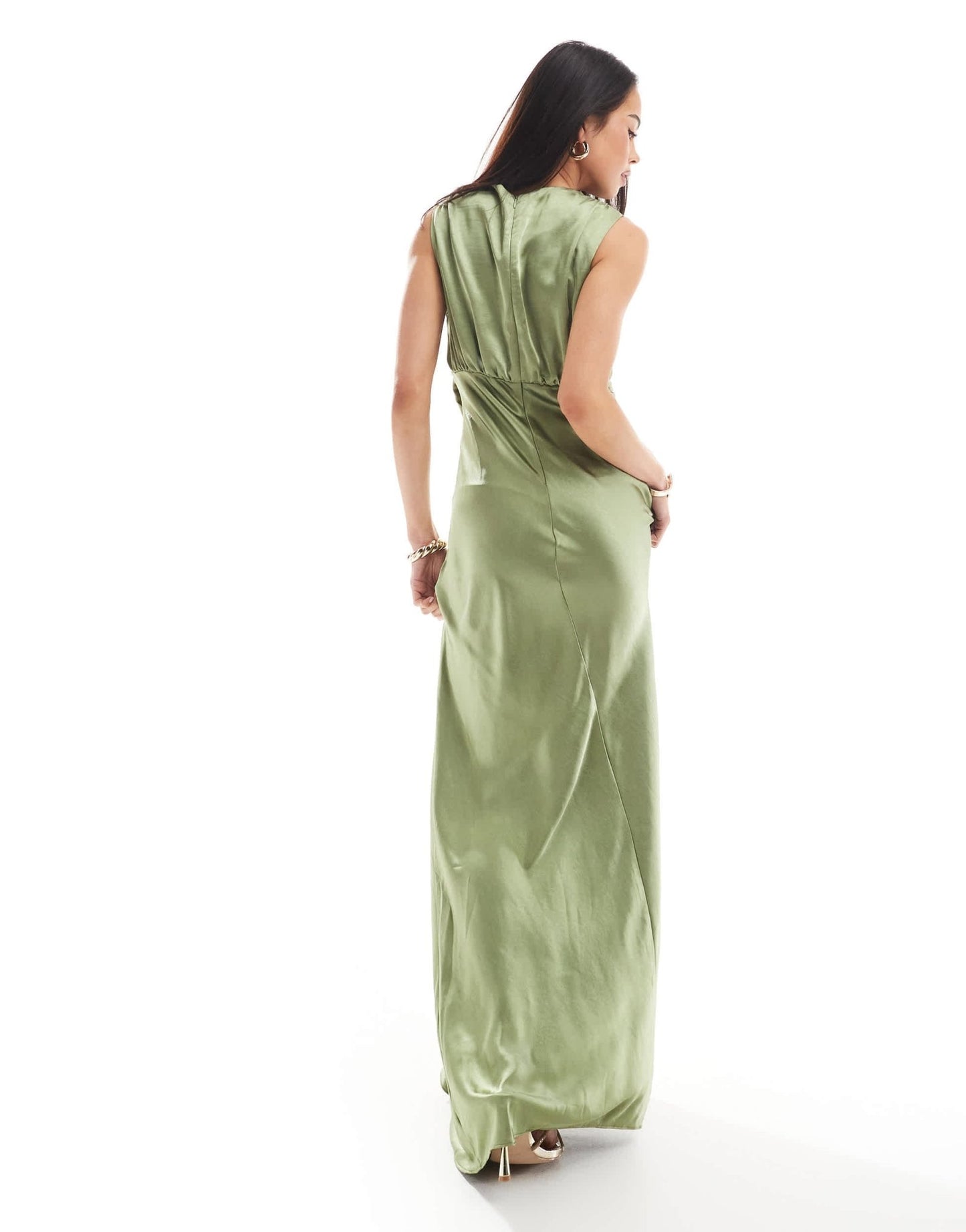 Six Stories Bridesmaid gathered overlay satin maxi dress in moss green - ASOS Sample Sale EU Store