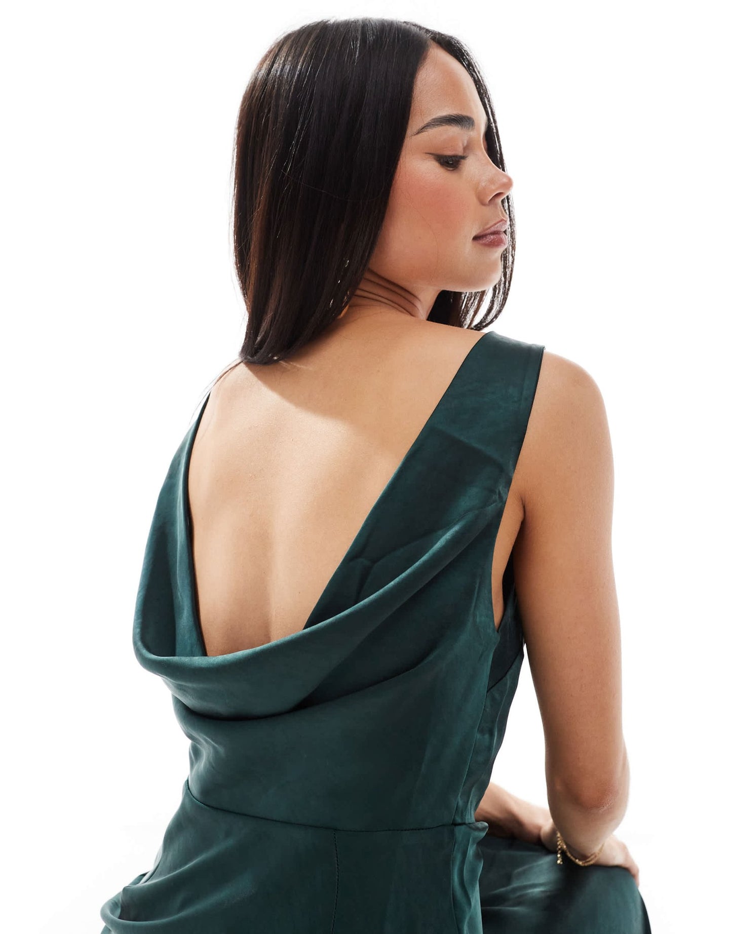 Six Stories Bridesmaids cowl back satin maxi dress in emerald - ASOS Sample Sale EU Store