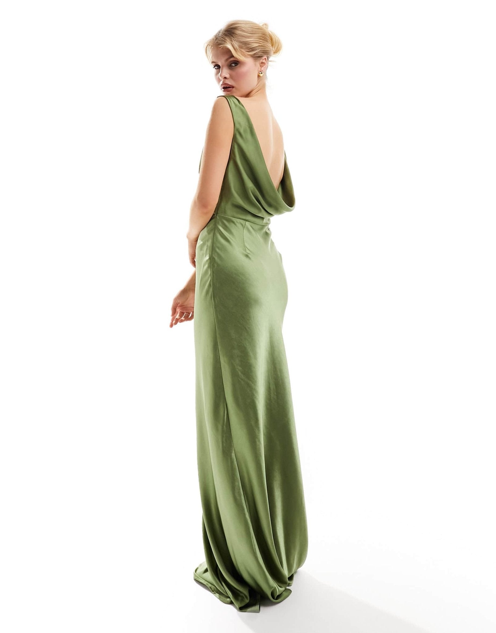 Six Stories Bridesmaids cowl back satin maxi dress in moss green - ASOS Sample Sale EU Store