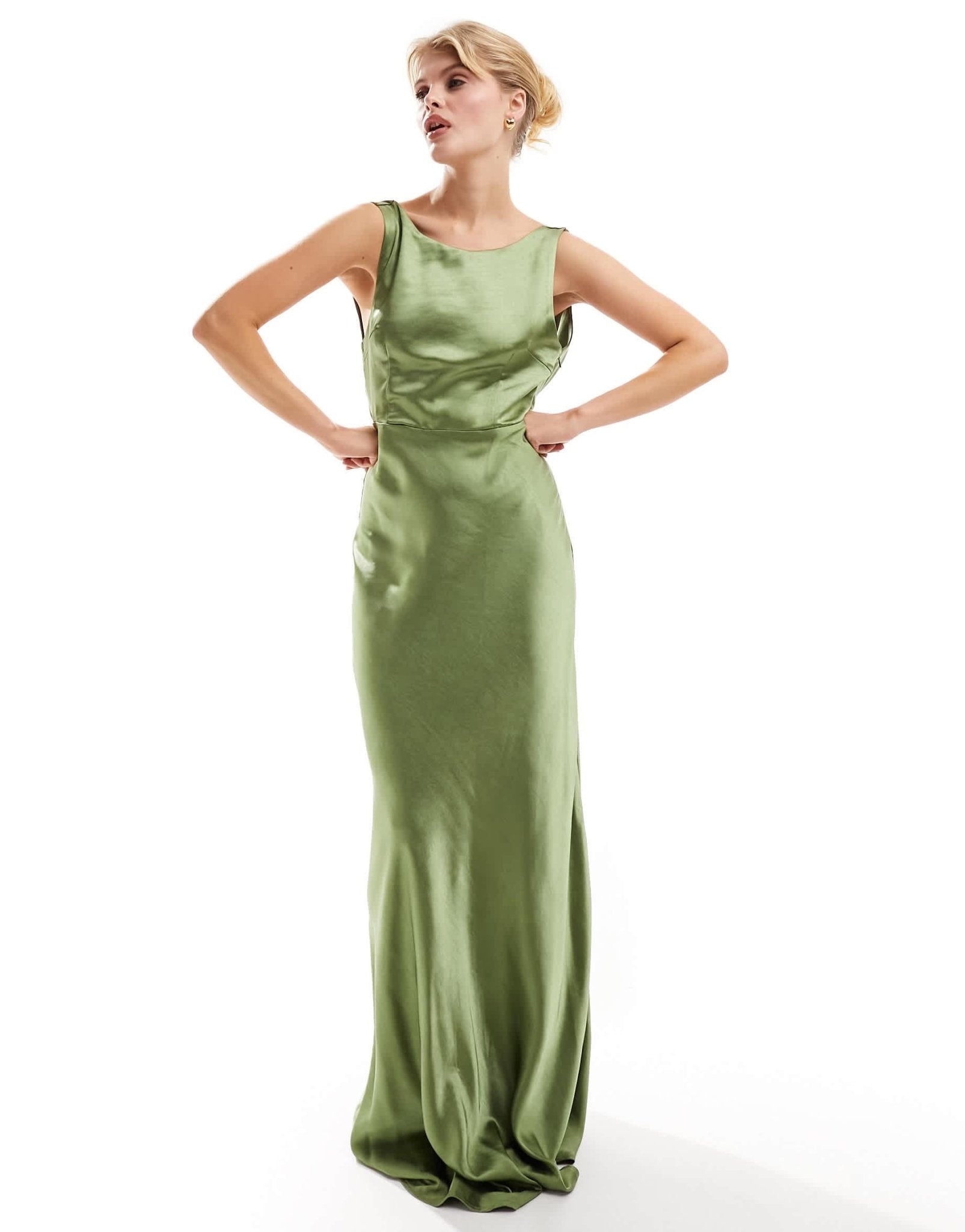 Six Stories Bridesmaids cowl back satin maxi dress in moss green - ASOS Sample Sale EU Store