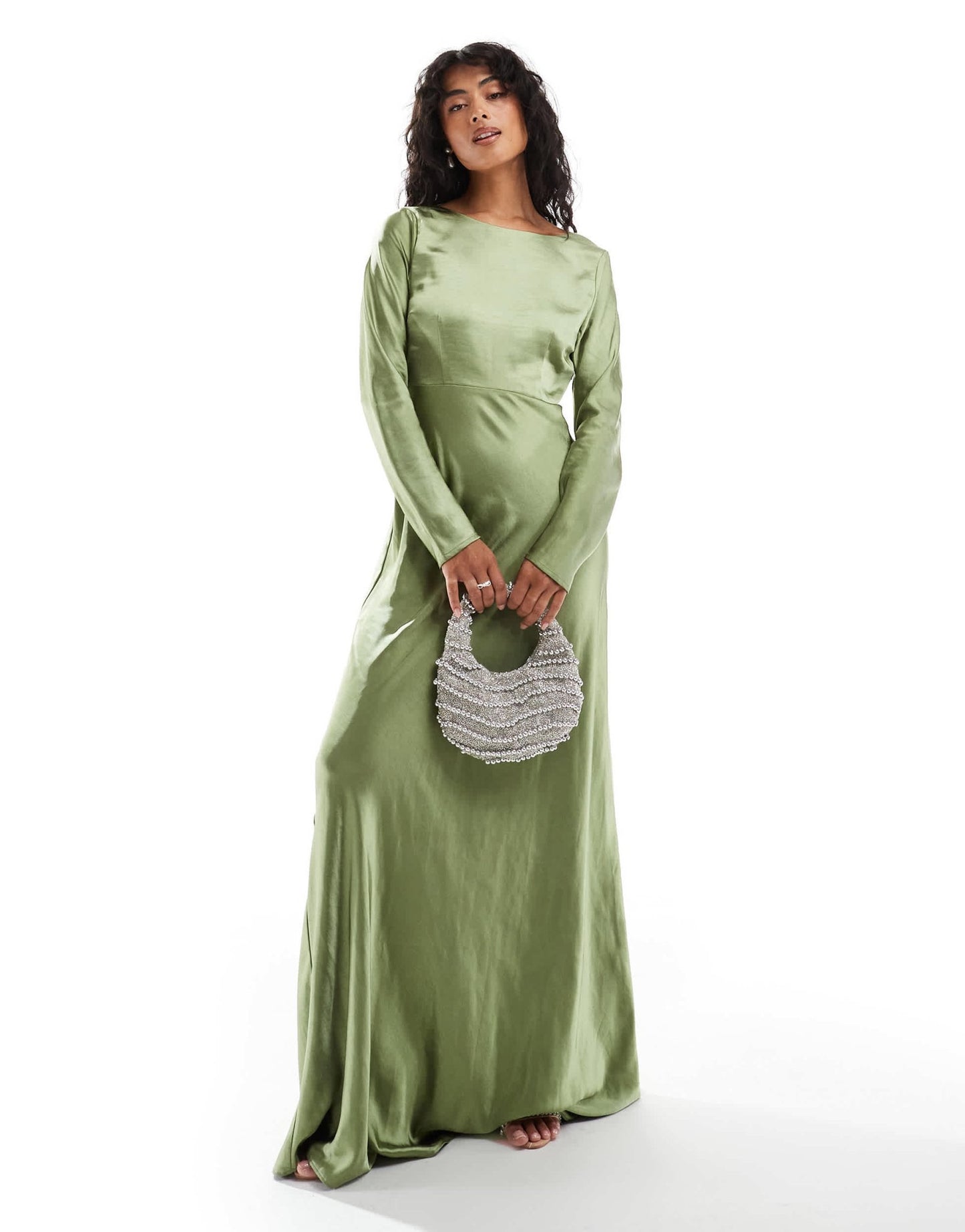 Six Stories Bridesmaids long sleeve cowl back satin maxi dress in moss green - ASOS Sample Sale EU Store