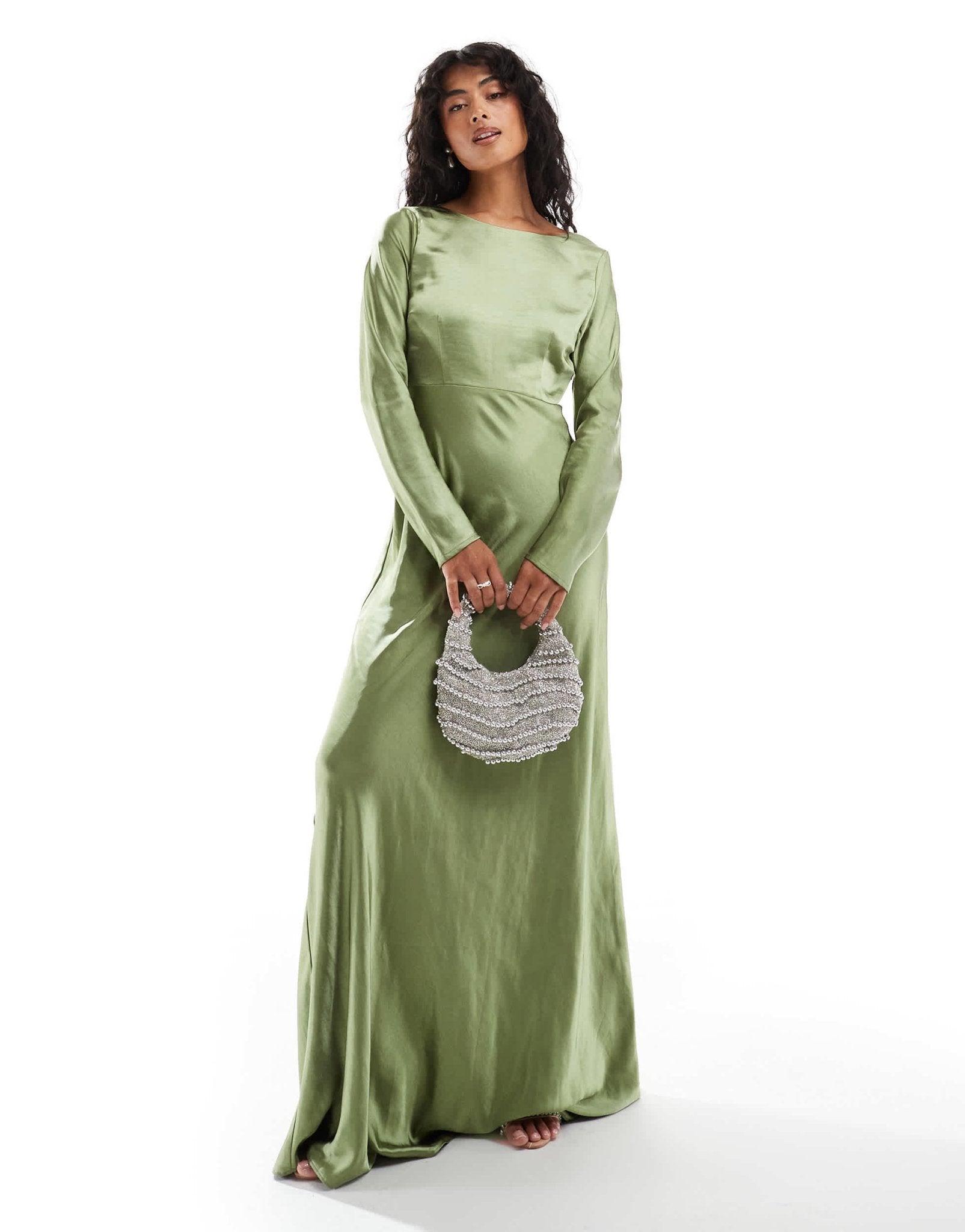 Six Stories Bridesmaids long sleeve cowl back satin maxi dress in moss green - ASOS Sample Sale EU Store