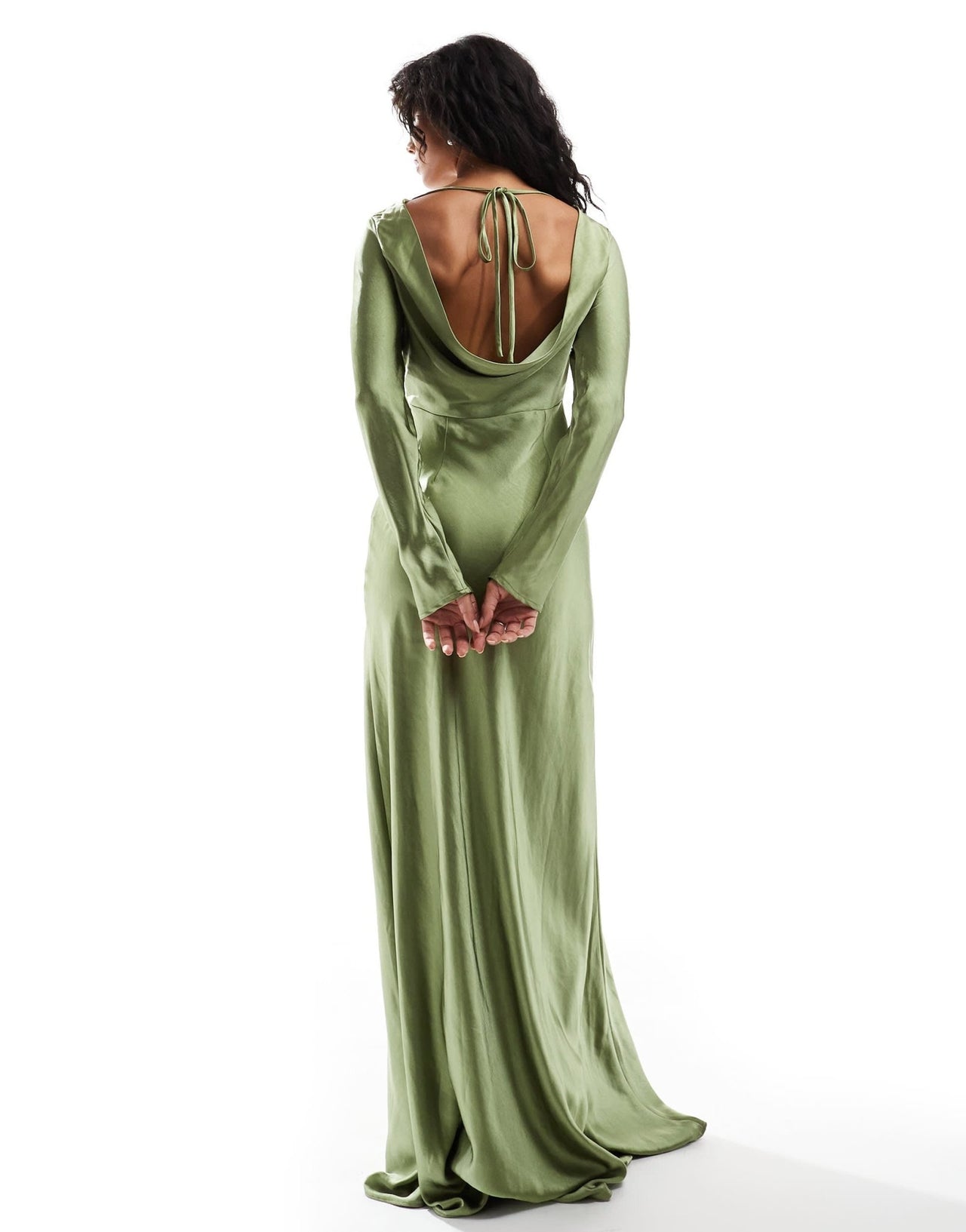 Six Stories Bridesmaids long sleeve cowl back satin maxi dress in moss green - ASOS Sample Sale EU Store