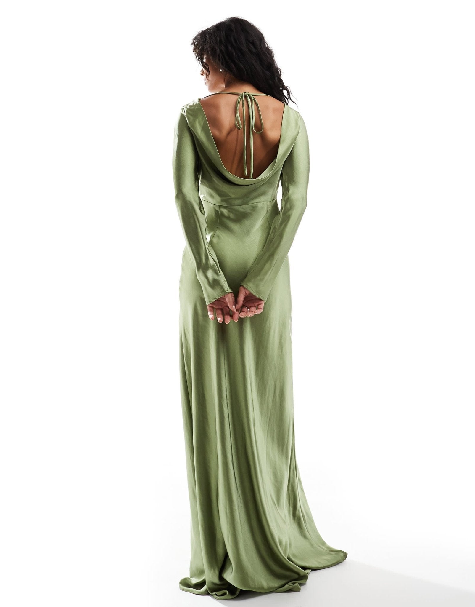 Six Stories Bridesmaids long sleeve cowl back satin maxi dress in moss green - ASOS Sample Sale EU Store