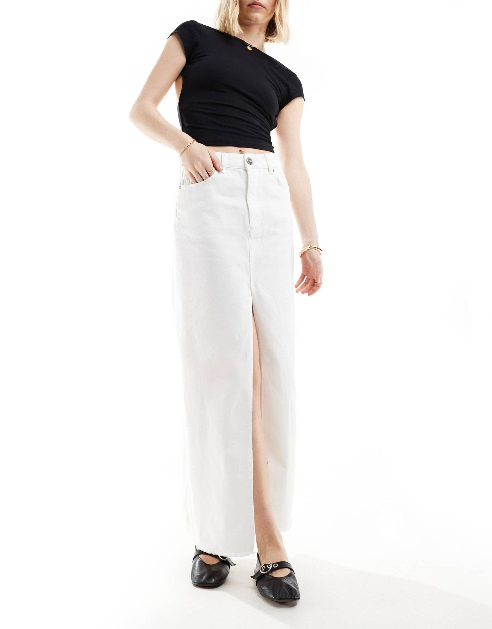 Sixth June a - line denim maxi skirt with front split in white - ASOS Sample Sale EU Store