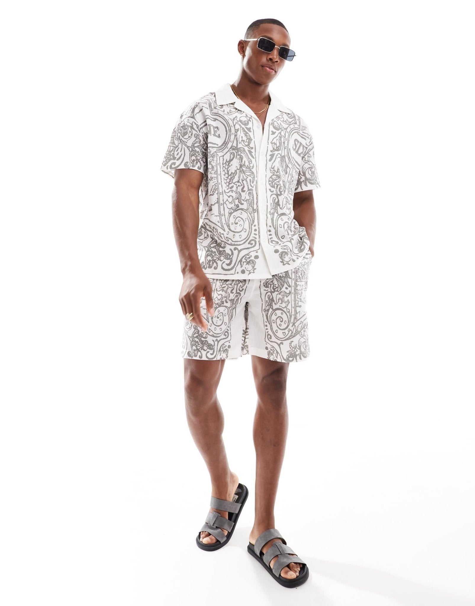 Sixth June co - ord printed linen revere shirt in white - ASOS Sample Sale EU Store