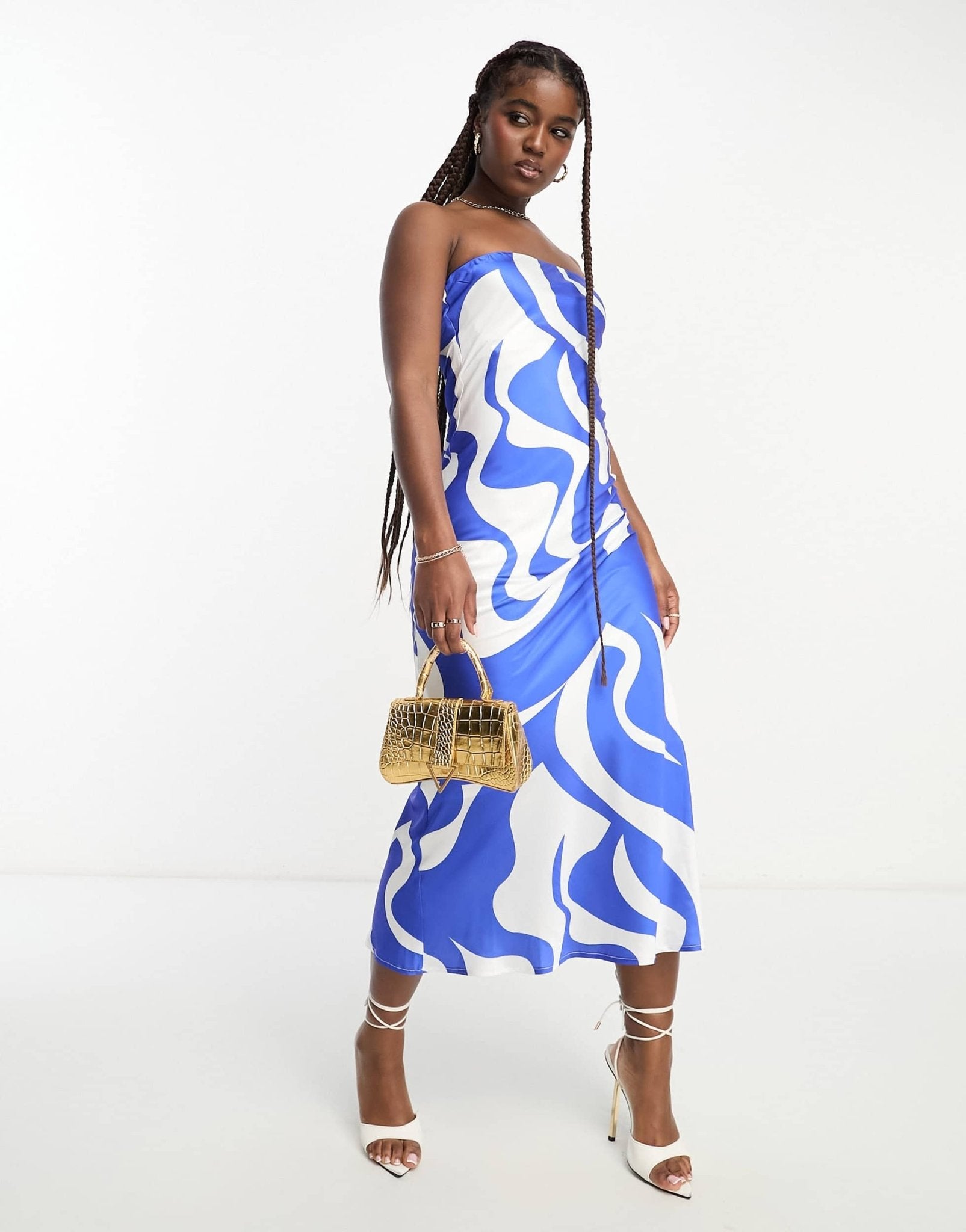 SNDYS bandeau satin midi dress in blue swirl print - ASOS Sample Sale EU Store