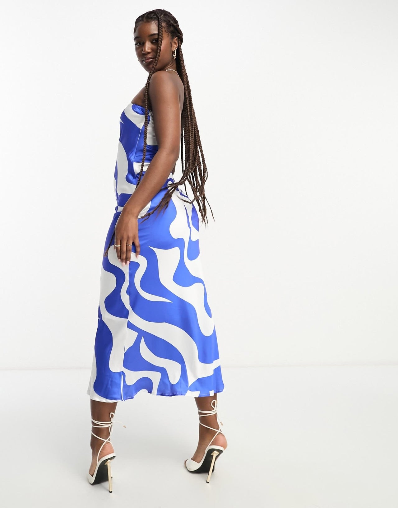 SNDYS bandeau satin midi dress in blue swirl print - ASOS Sample Sale EU Store