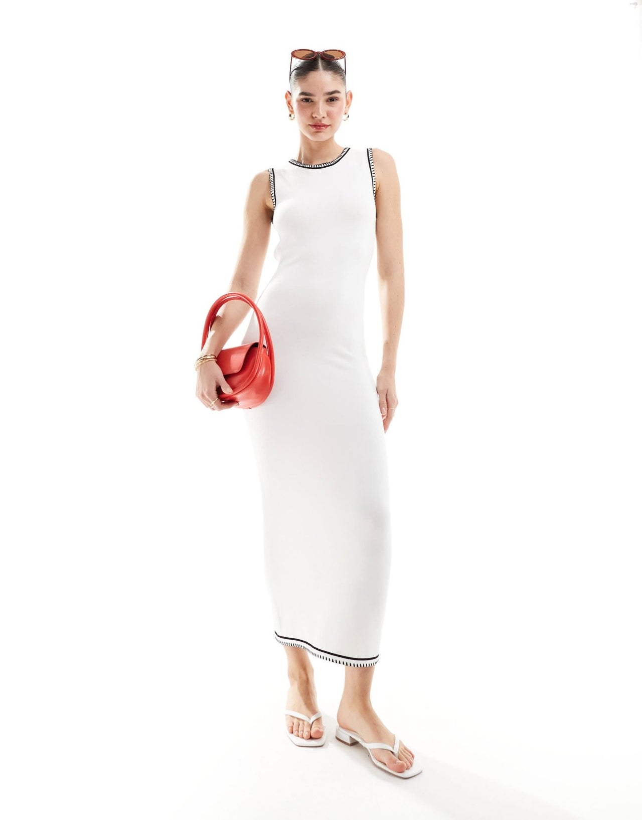 SNDYS knit open back detail midi dress in white with black stitch - ASOS Sample Sale EU Store