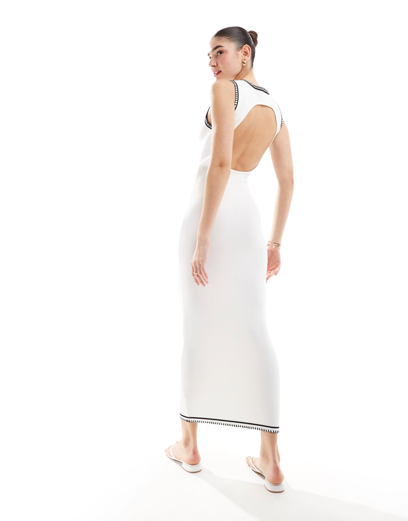 SNDYS knit open back detail midi dress in white with black stitch - ASOS Sample Sale EU Store