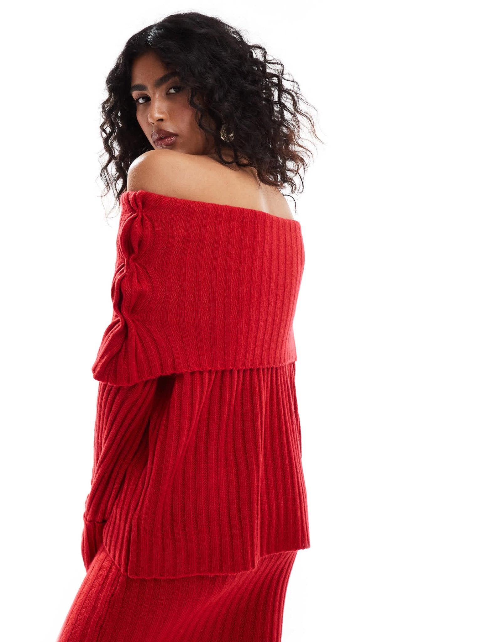 SNDYS rib knit foldover bardot jumper co - ord in red - ASOS Sample Sale EU Store