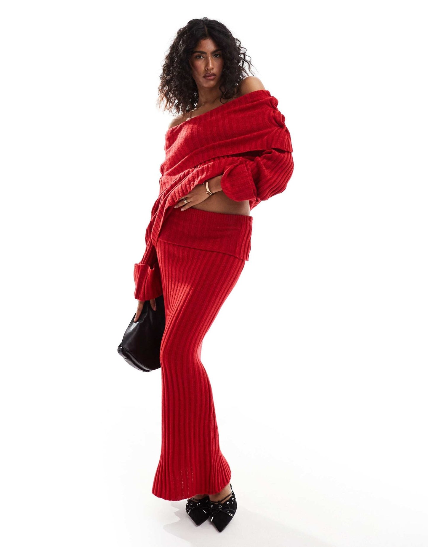 SNDYS rib knit foldover bardot jumper co - ord in red - ASOS Sample Sale EU Store