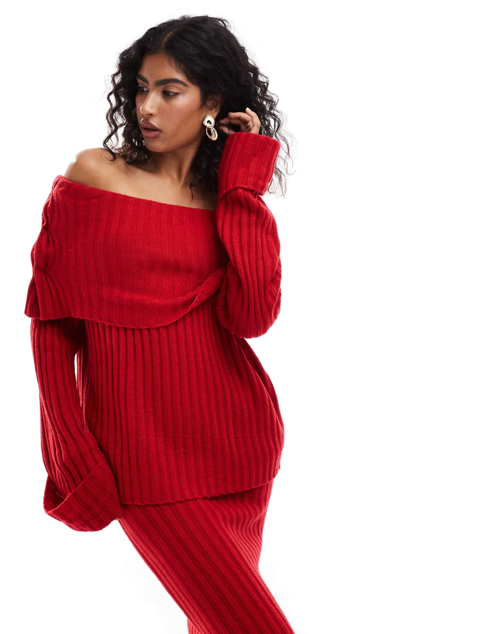 SNDYS rib knit foldover bardot jumper co - ord in red - ASOS Sample Sale EU Store
