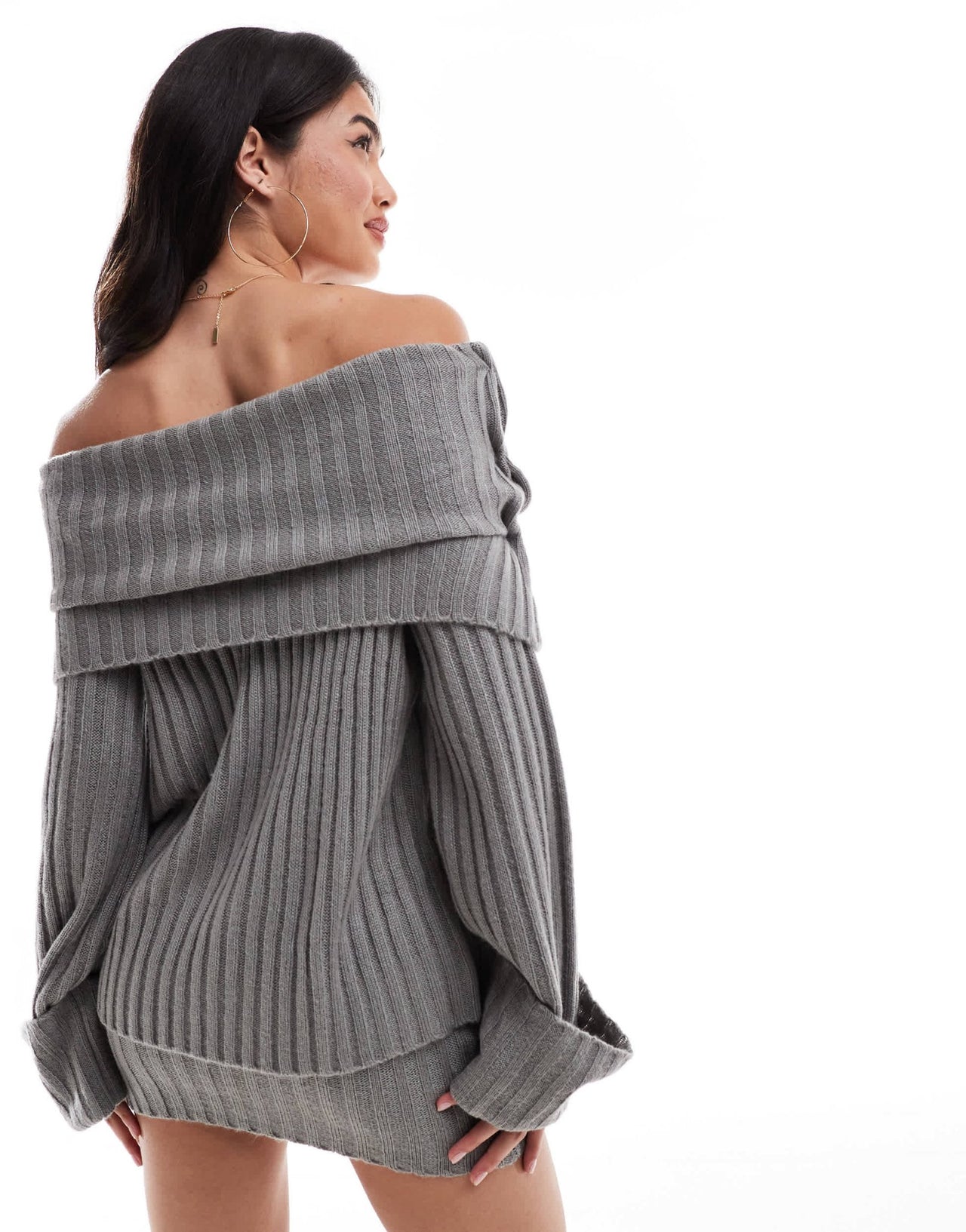 SNDYS ribbed knit foldover wide sleeve bardot jumper co - ord in grey - ASOS Sample Sale EU Store