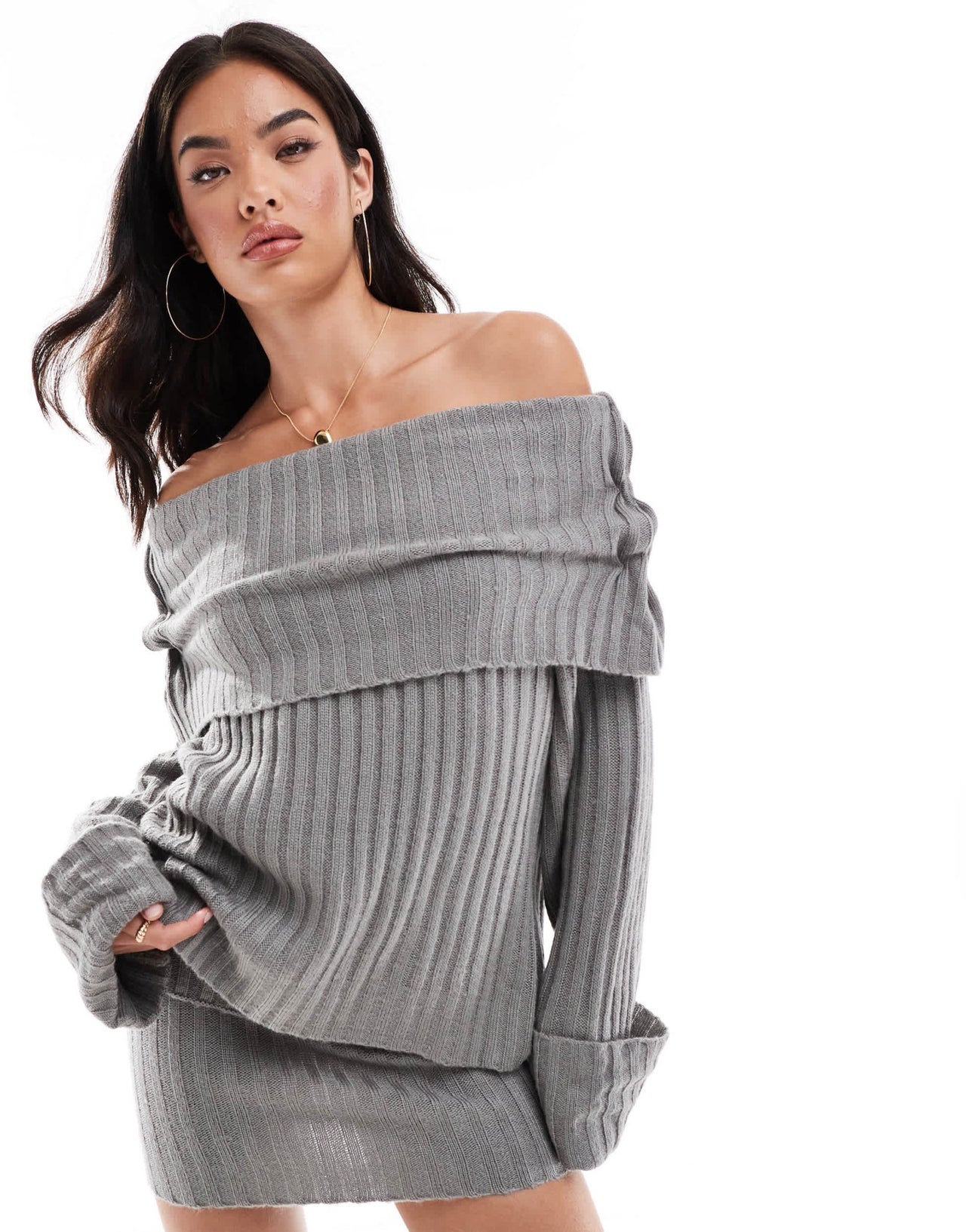 SNDYS ribbed knit foldover wide sleeve bardot jumper co - ord in grey - ASOS Sample Sale EU Store
