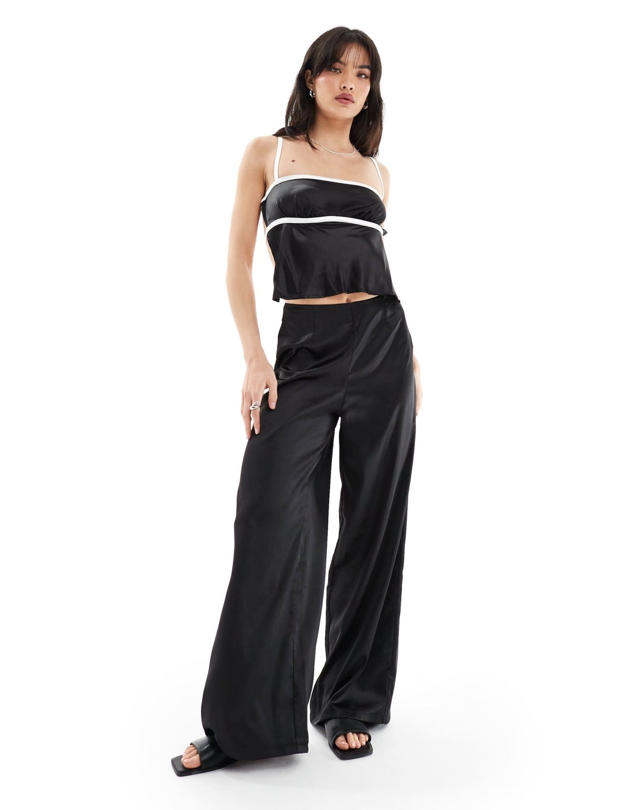 SNDYS satin cami tie back detail top with contrast bust seam detail co - ord in black - ASOS Sample Sale EU Store