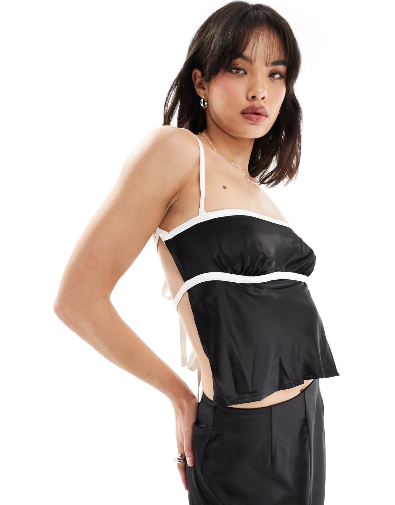 SNDYS satin cami tie back detail top with contrast bust seam detail co - ord in black - ASOS Sample Sale EU Store