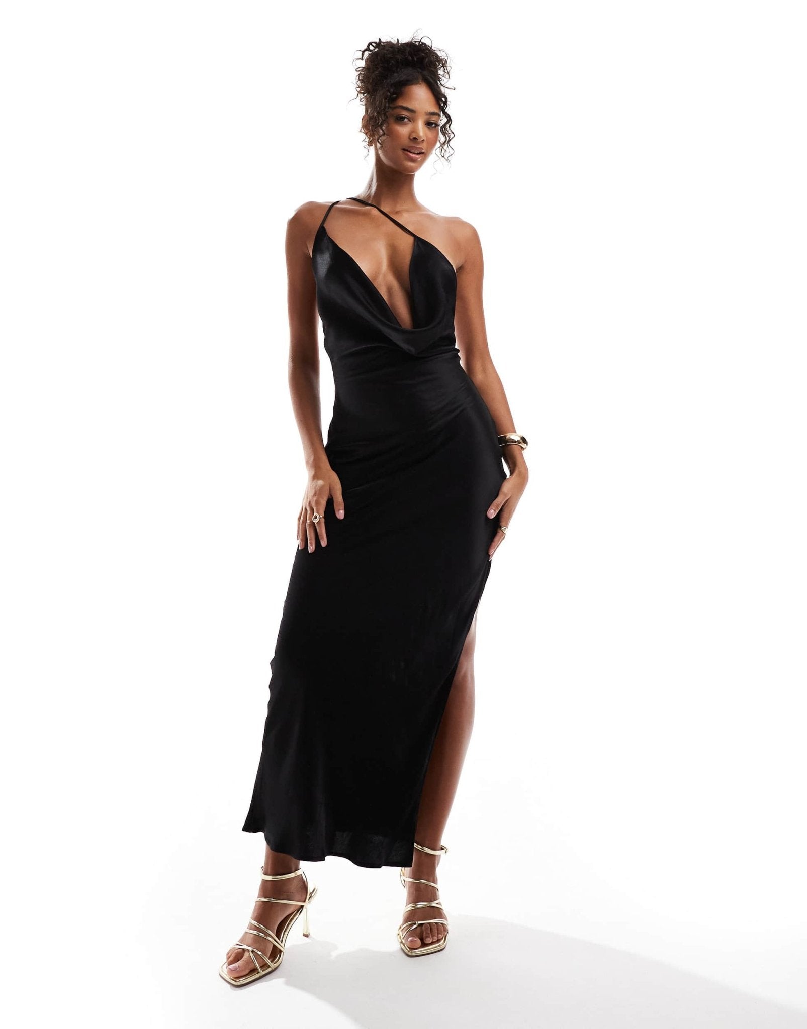 SNDYS satin strappy back thigh split maxi dress in black - ASOS Sample Sale EU Store