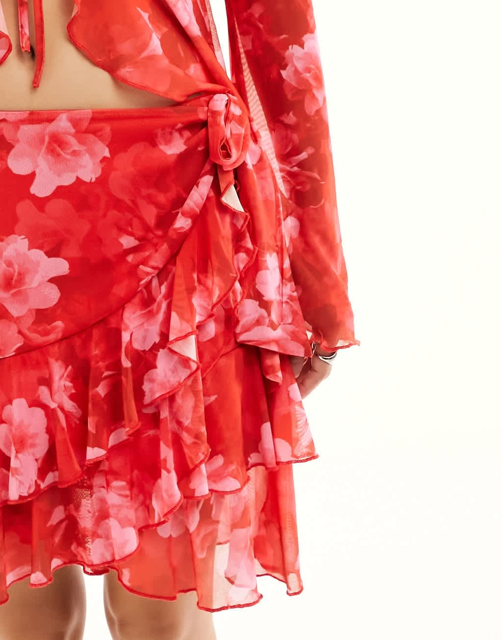 Something New X Chloe Frater mesh frill detail mini skirt co - ord in red washed floral - ASOS Sample Sale EU Store
