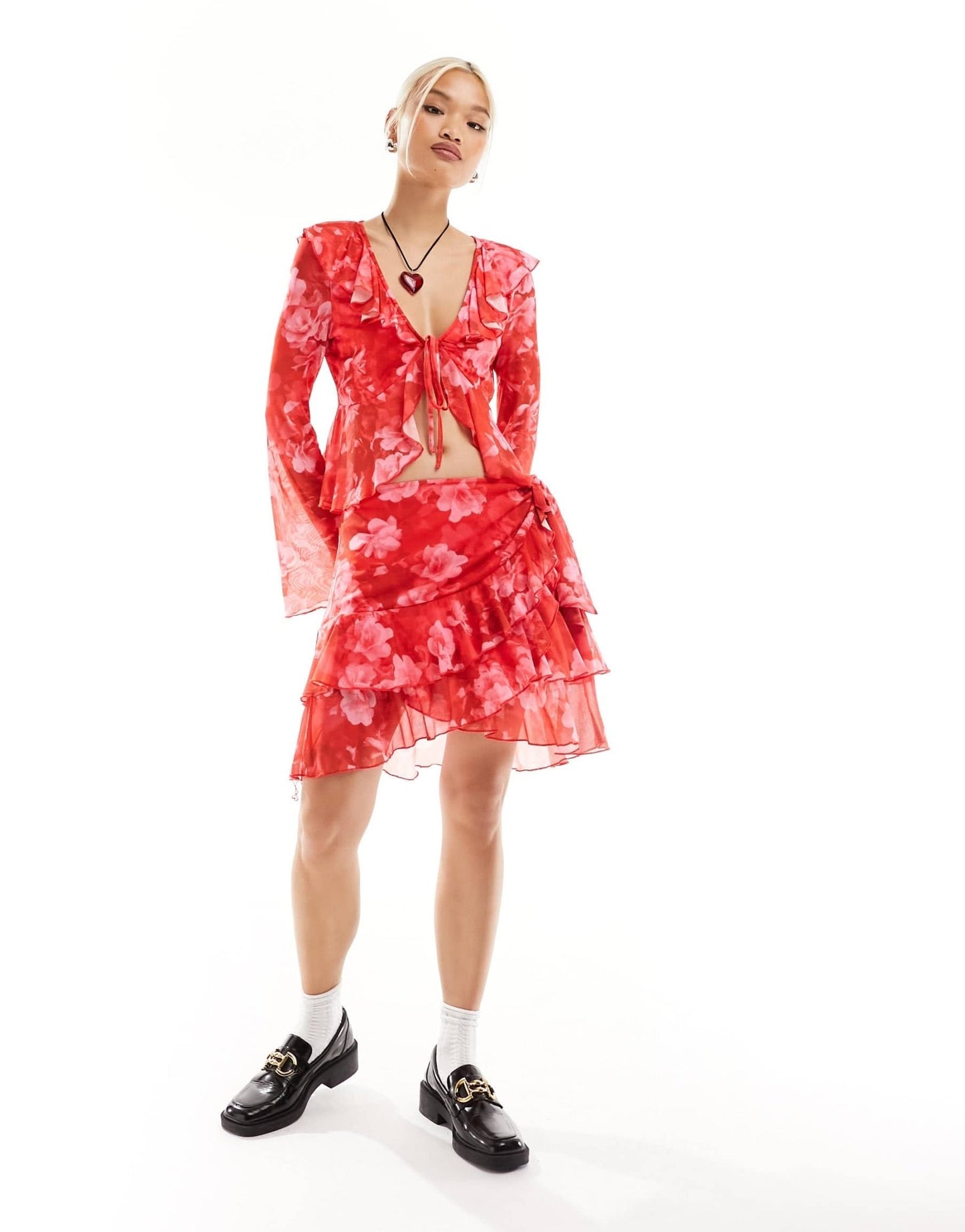 Something New X Chloe Frater mesh frill detail mini skirt co - ord in red washed floral - ASOS Sample Sale EU Store