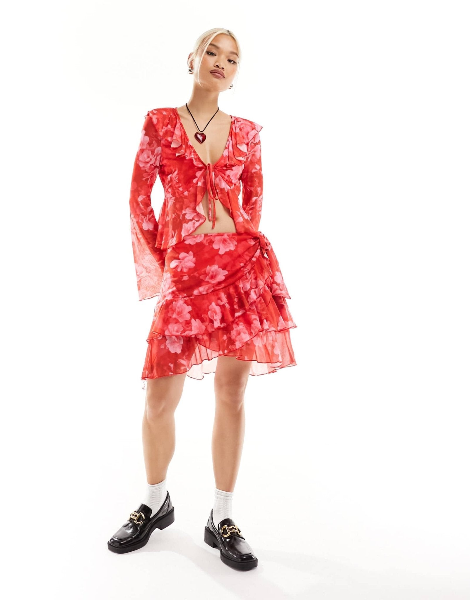 Something New X Chloe Frater mesh frill detail mini skirt co - ord in red washed floral - ASOS Sample Sale EU Store