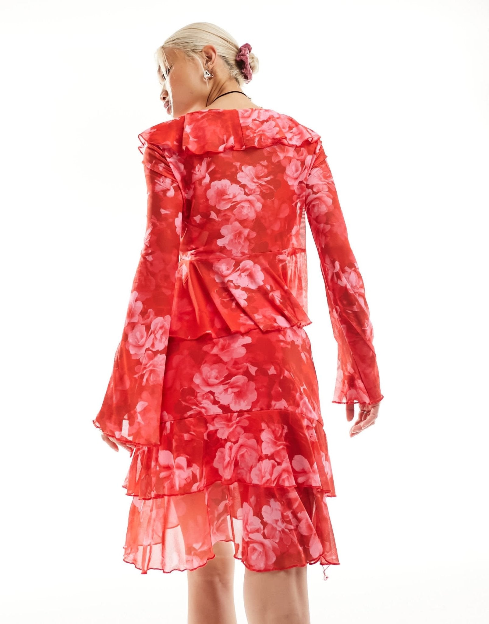 Something New X Chloe Frater mesh frill detail mini skirt co - ord in red washed floral - ASOS Sample Sale EU Store