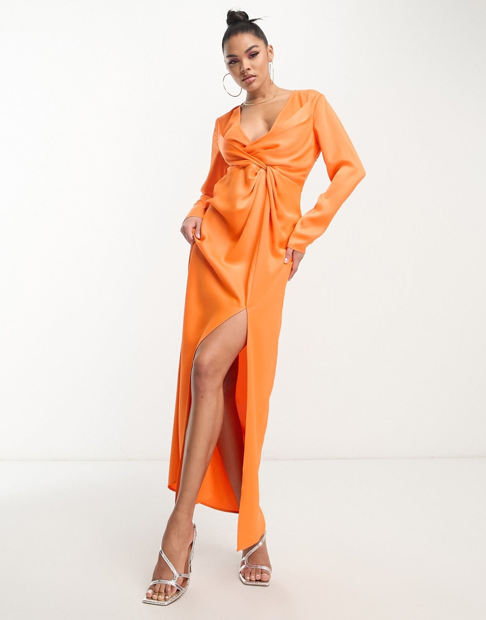 Something New X Klara Hellqvist satin twist front plunge maxi dress in sunset orange - ASOS Sample Sale EU Store