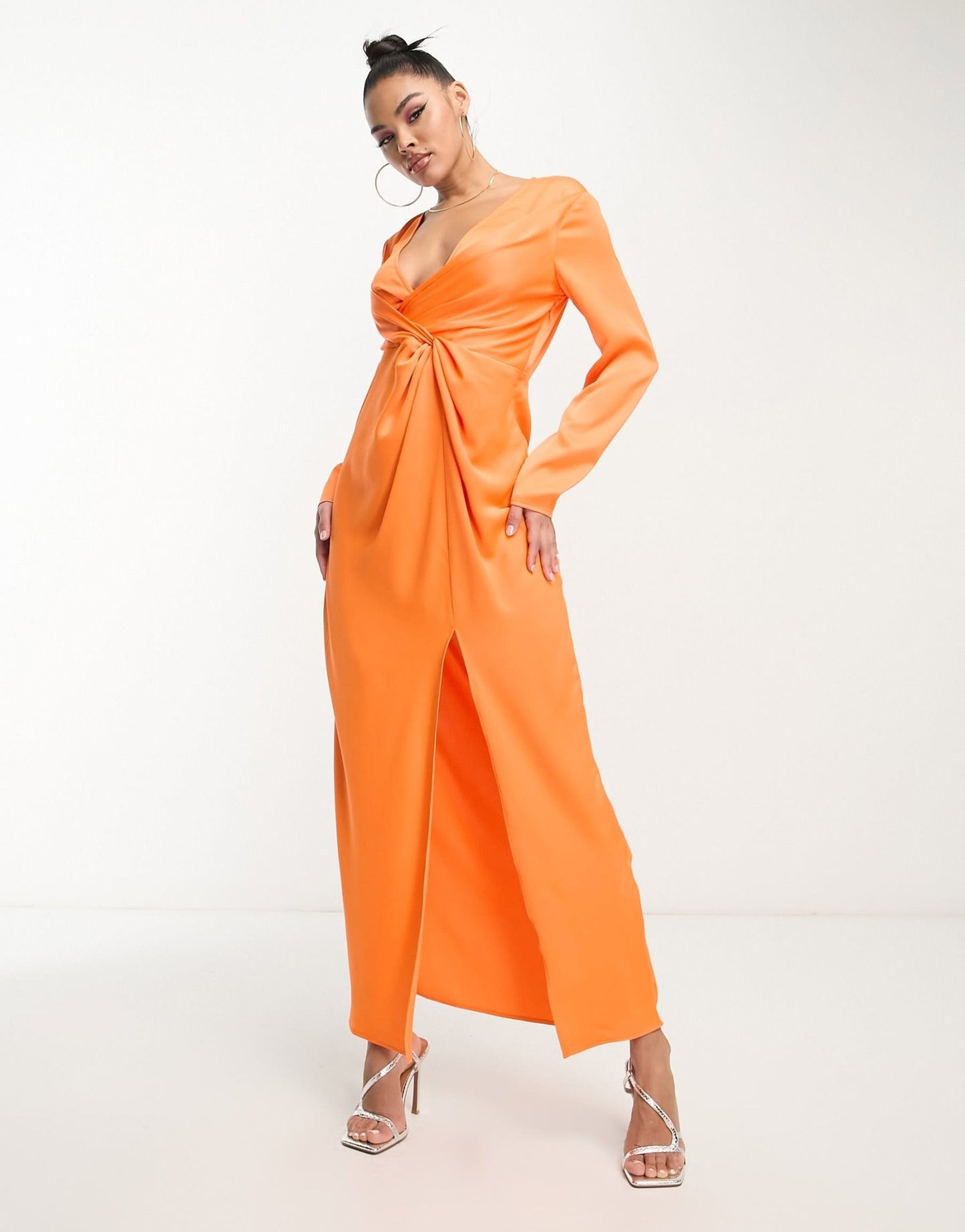 Something New X Klara Hellqvist satin twist front plunge maxi dress in sunset orange - ASOS Sample Sale EU Store