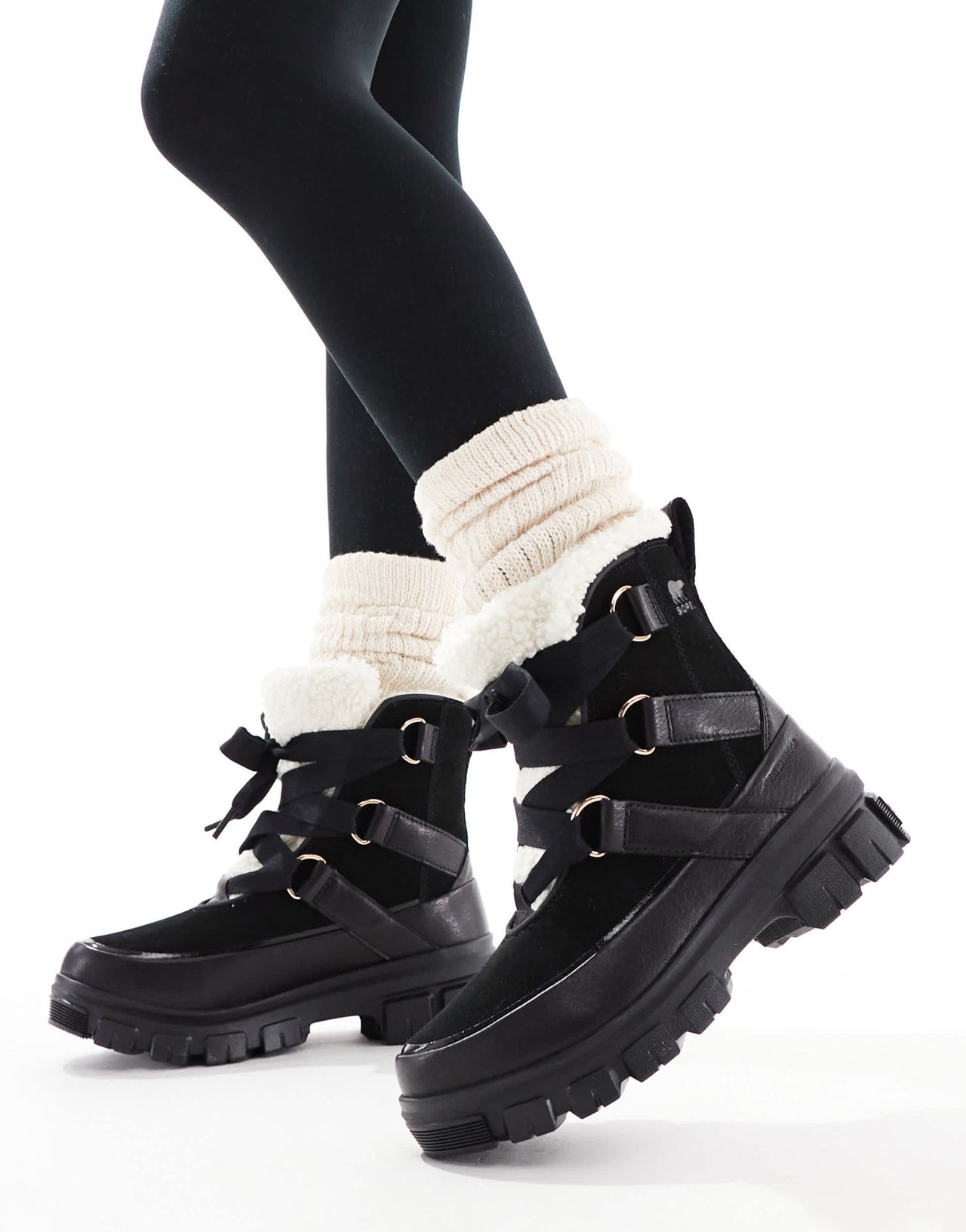 Sorel Torino V Resort WP waterproof fleece lined faux fur leather snow boots in black and chalk - ASOS Sample Sale EU Store