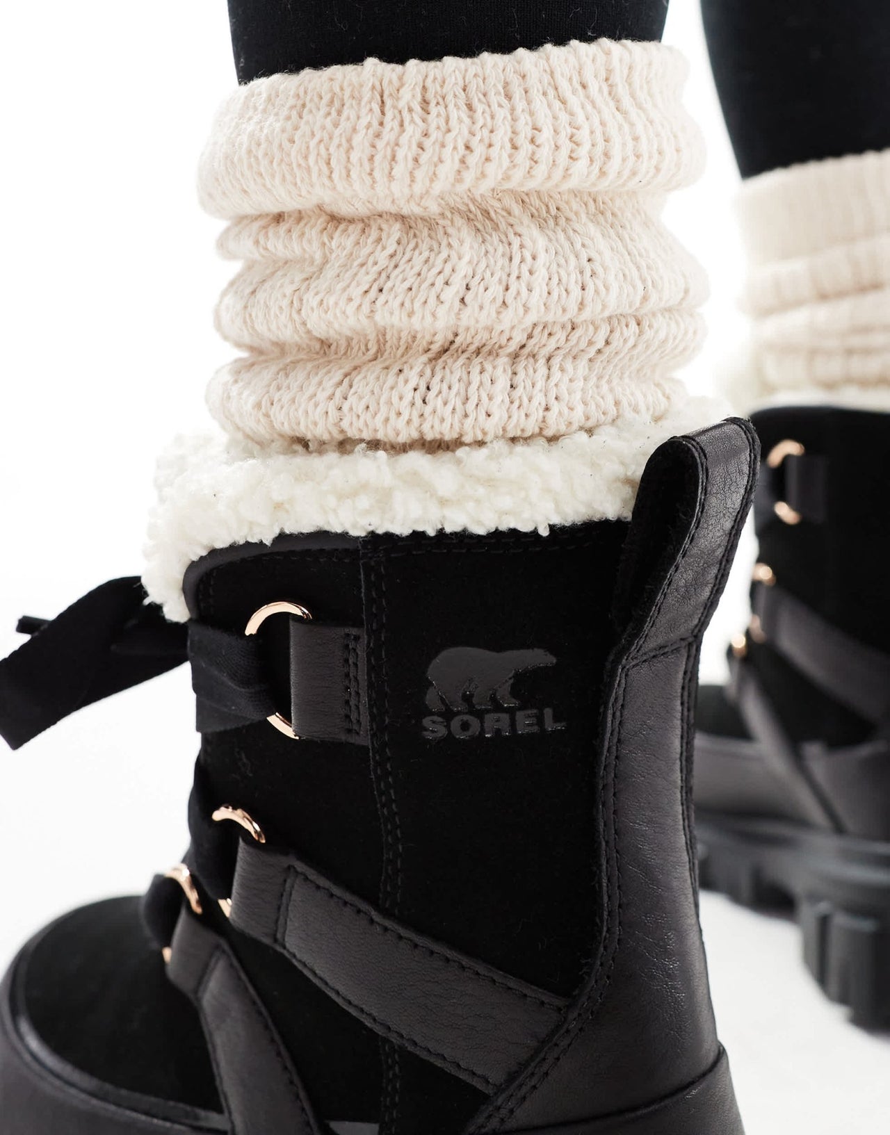 Sorel Torino V Resort WP waterproof fleece lined faux fur leather snow boots in black and chalk - ASOS Sample Sale EU Store