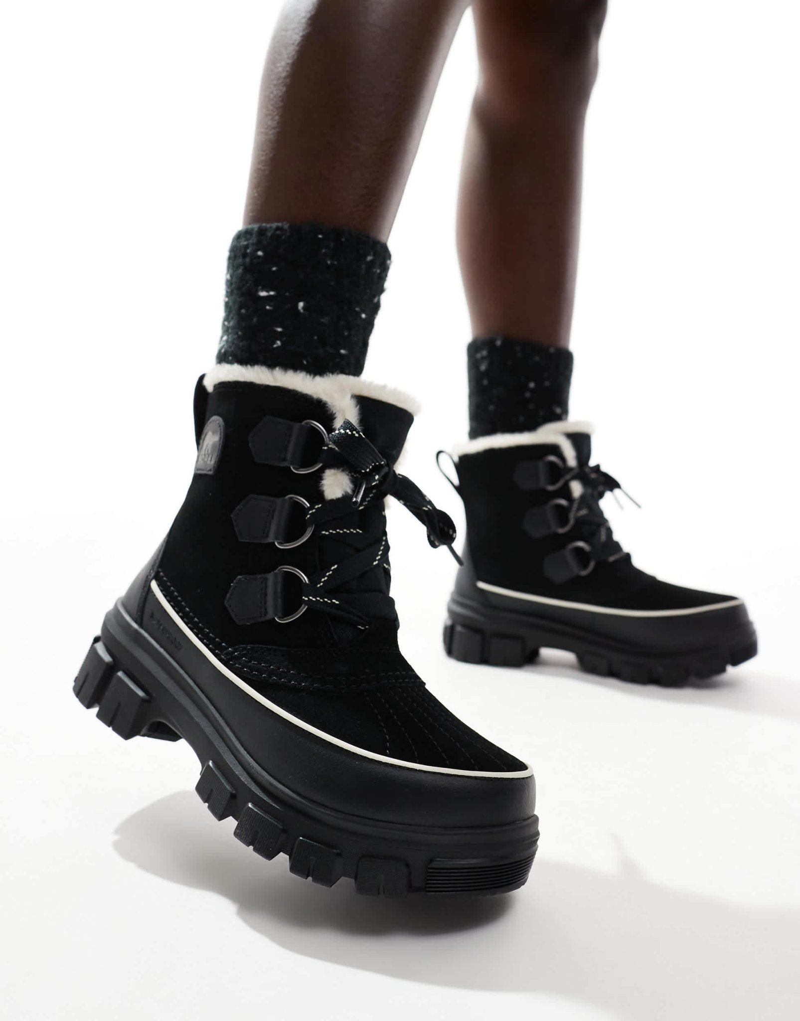 Sorel Torino V WP waterproof fleece lined faux fur leather snow boots in black and fawn - ASOS Sample Sale EU Store