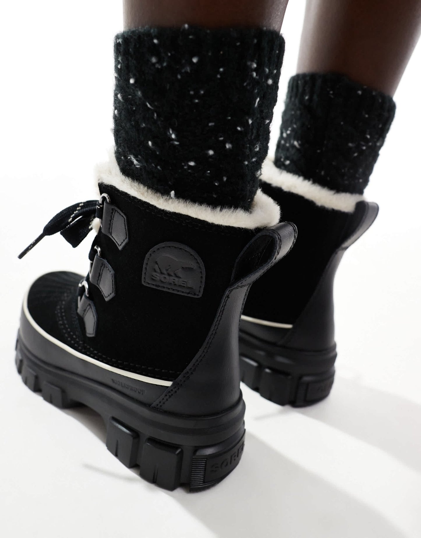 Sorel Torino V WP waterproof fleece lined faux fur leather snow boots in black and fawn - ASOS Sample Sale EU Store