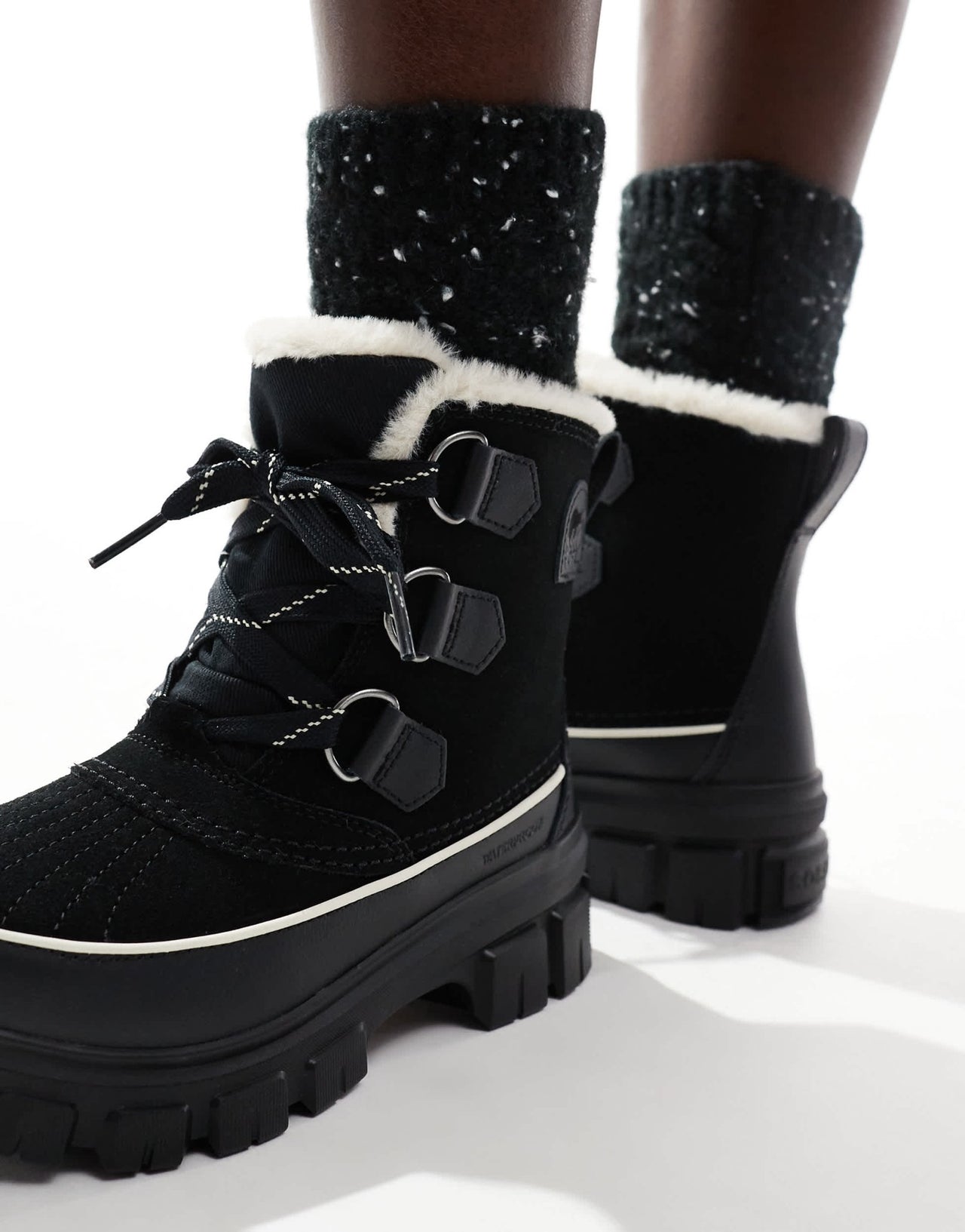Sorel Torino V WP waterproof fleece lined faux fur leather snow boots in black and fawn - ASOS Sample Sale EU Store