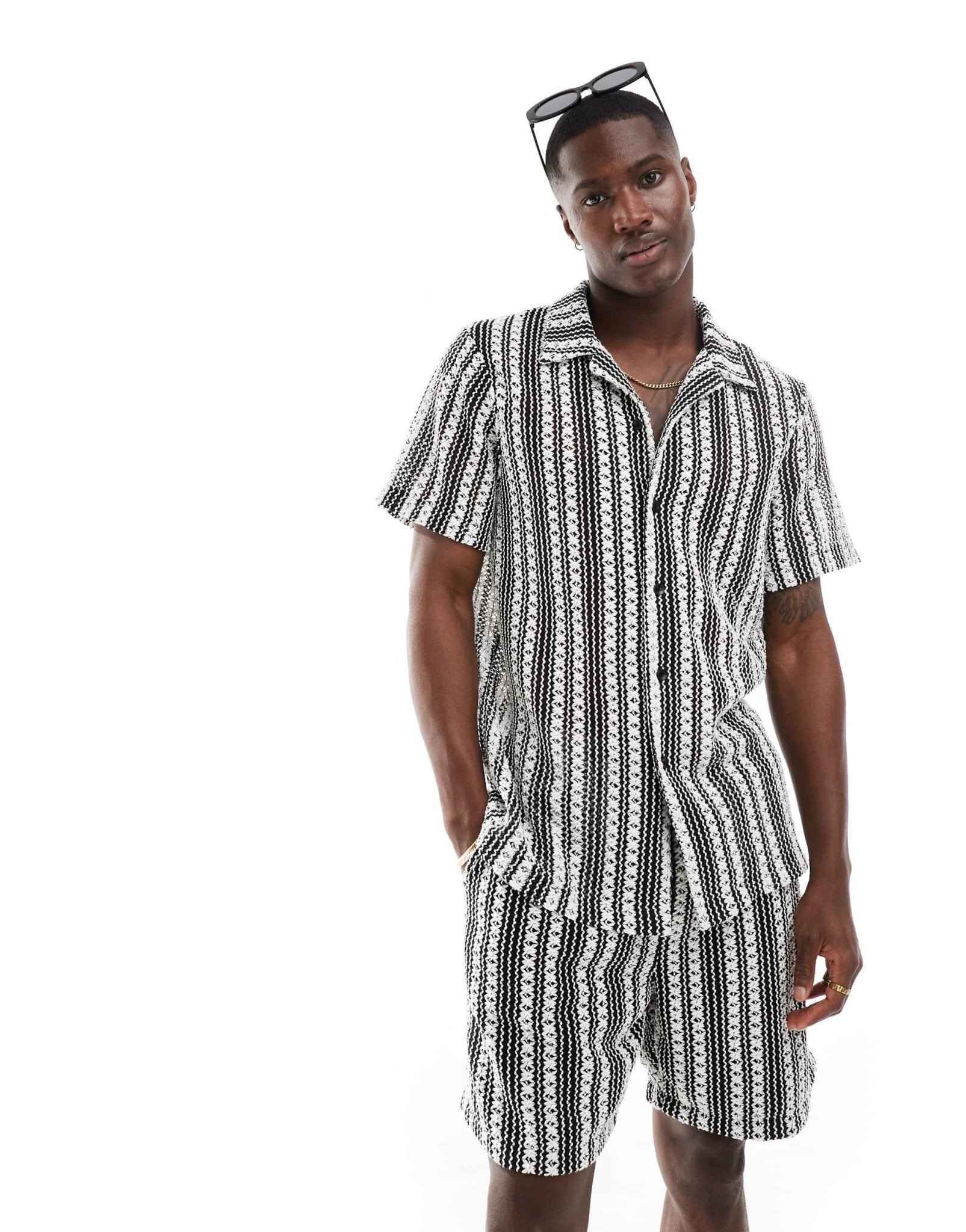 South Beach beach shirt co - ord in crochet black and white stripe - ASOS Sample Sale EU Store