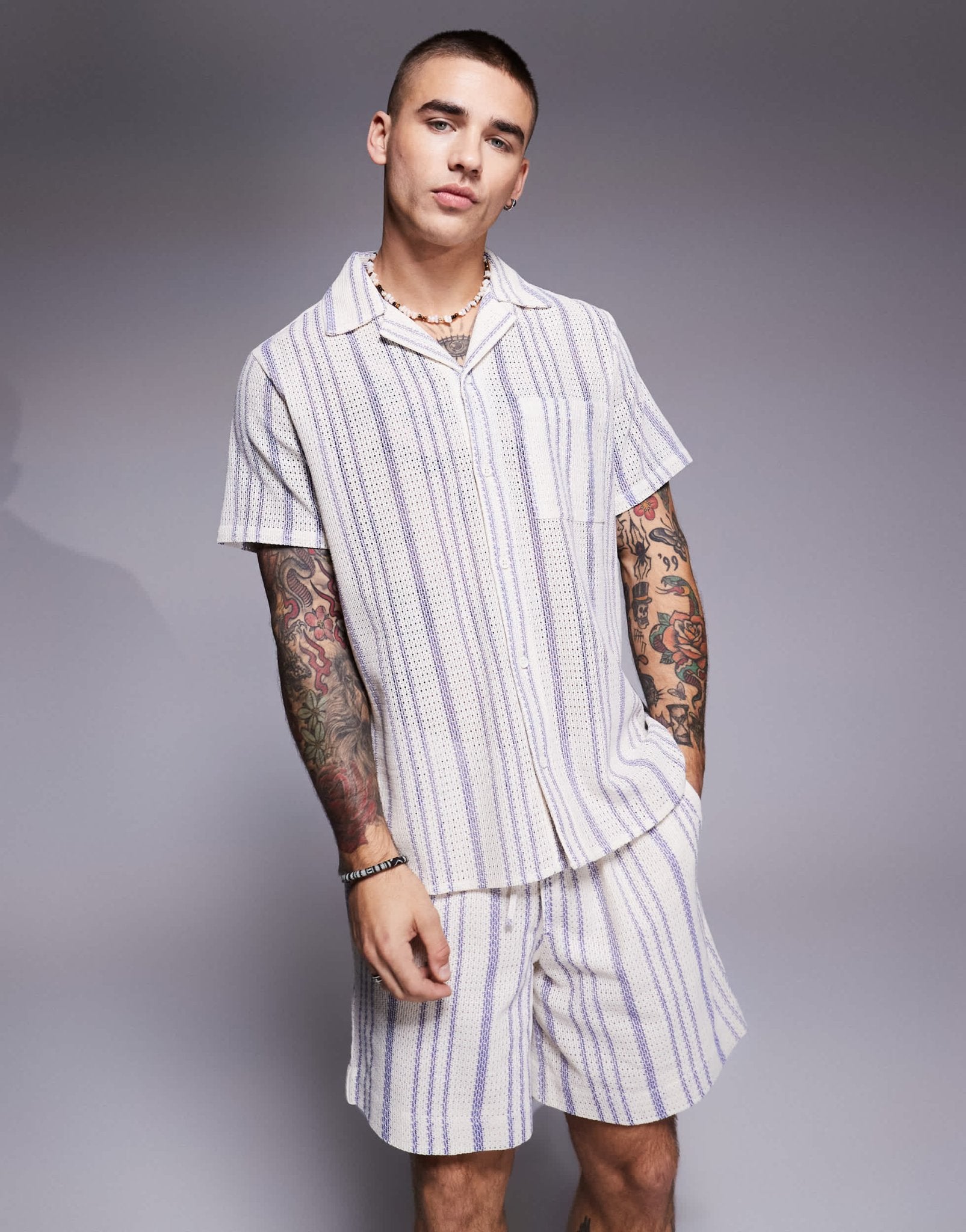 South Beach stripe short sleeve beach shirt co - ord in cream blue stripe - ASOS Sample Sale EU Store