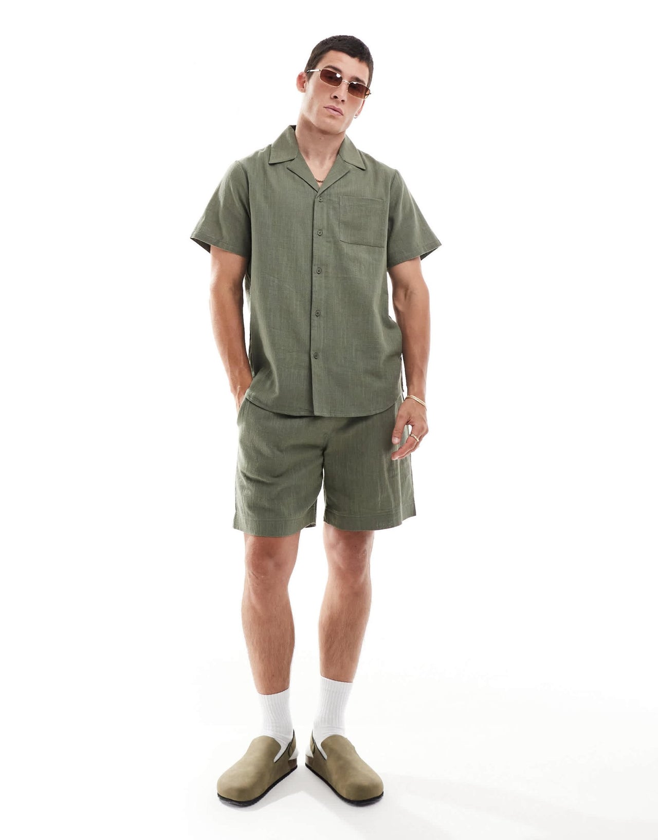 South Beach textured weave short sleeve beach shirt in olive - ASOS Sample Sale EU Store