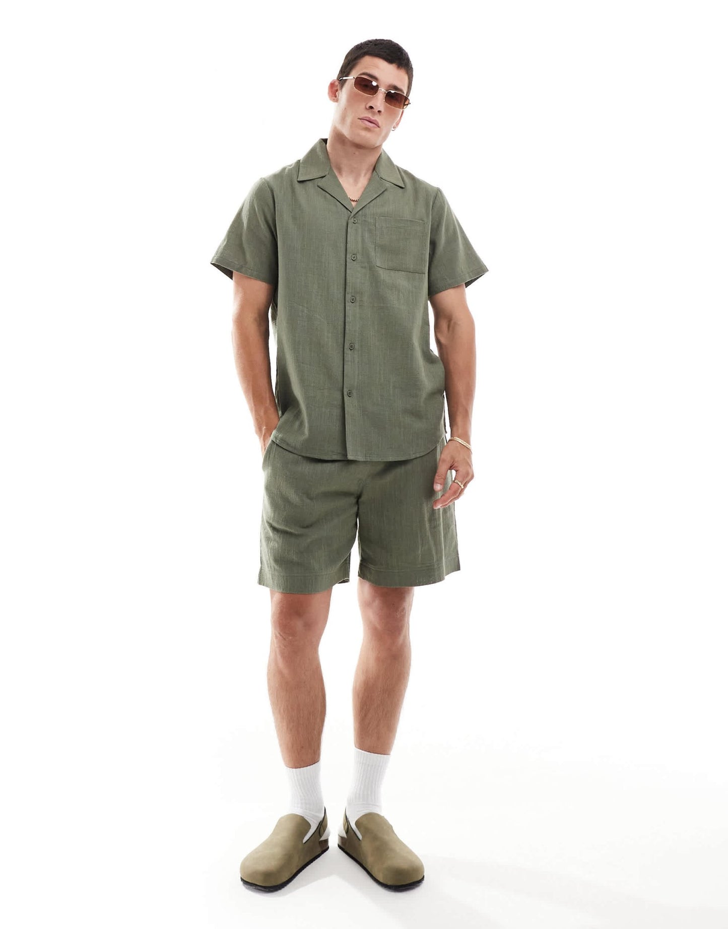 South Beach textured weave short sleeve beach shirt in olive - ASOS Sample Sale EU Store