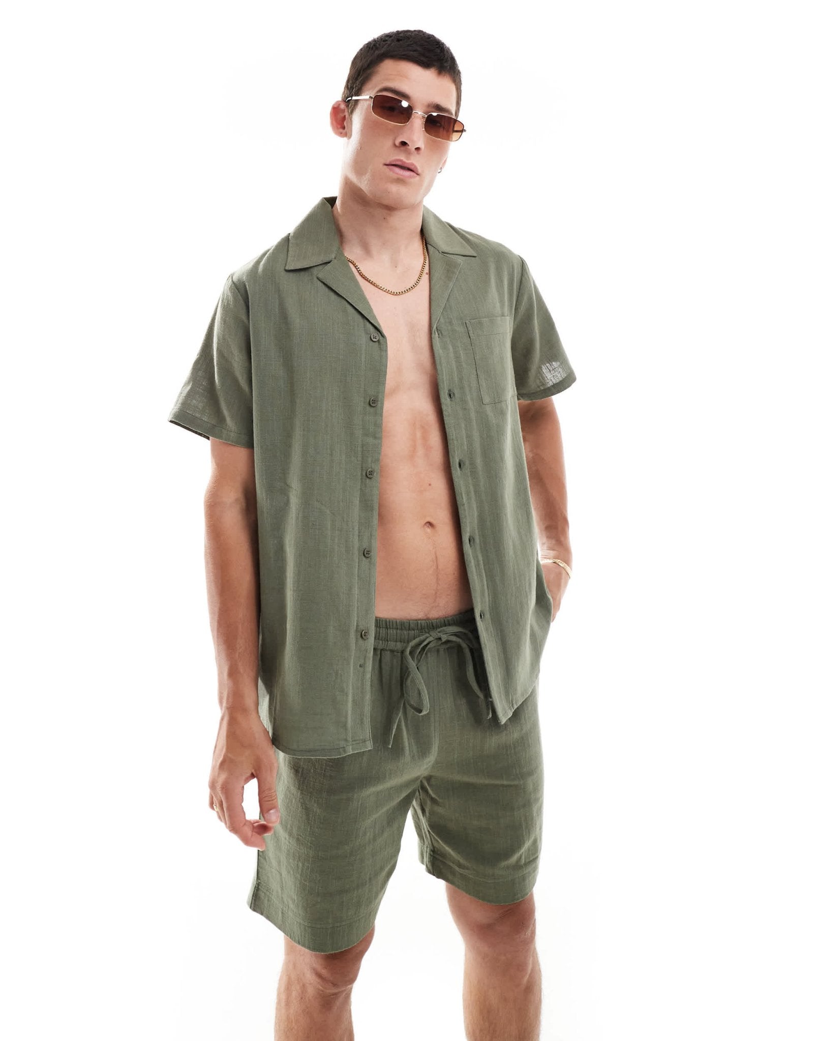 South Beach textured weave short sleeve beach shirt in olive - ASOS Sample Sale EU Store