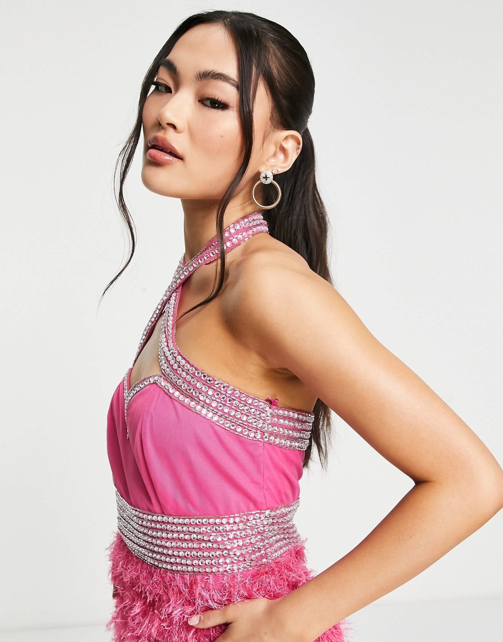 Starlet high neck embellished faux feather mini dress in hot pink - ASOS Sample Sale EU Store