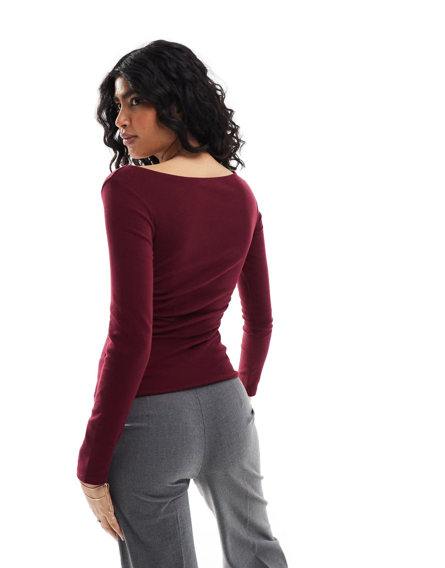 Stradivarius slash neck long sleeve top in burgundy - ASOS Sample Sale EU Store