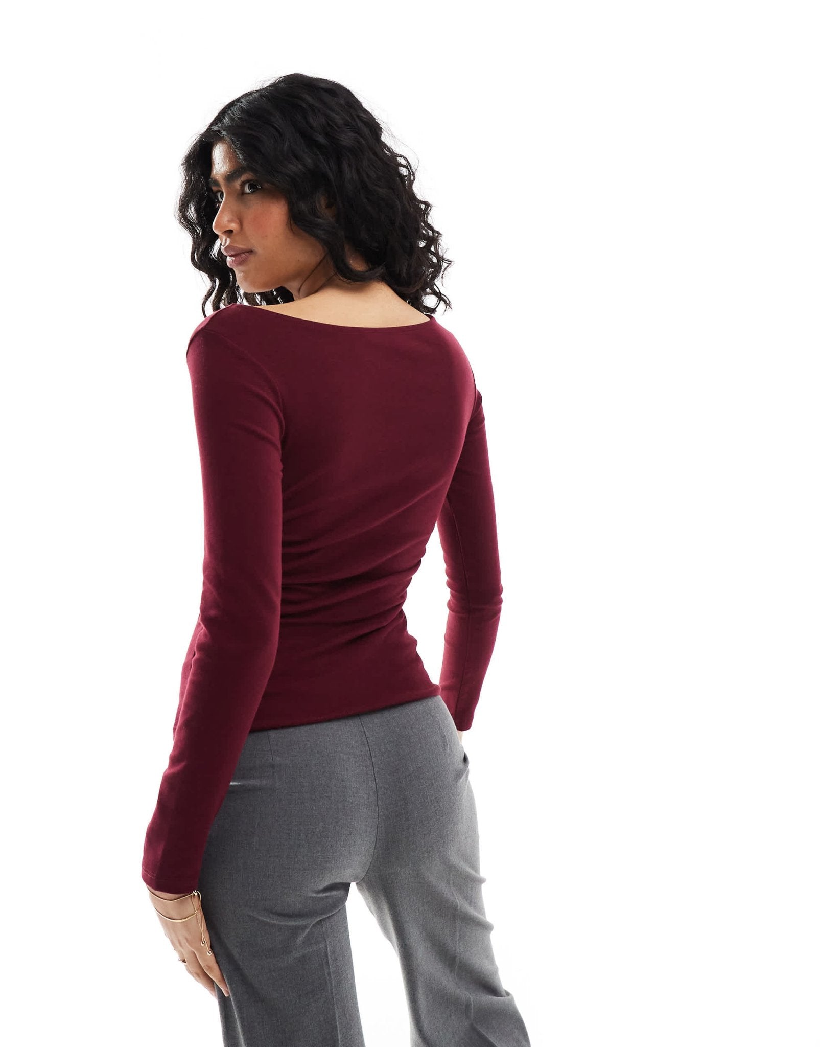 Stradivarius slash neck long sleeve top in burgundy - ASOS Sample Sale EU Store
