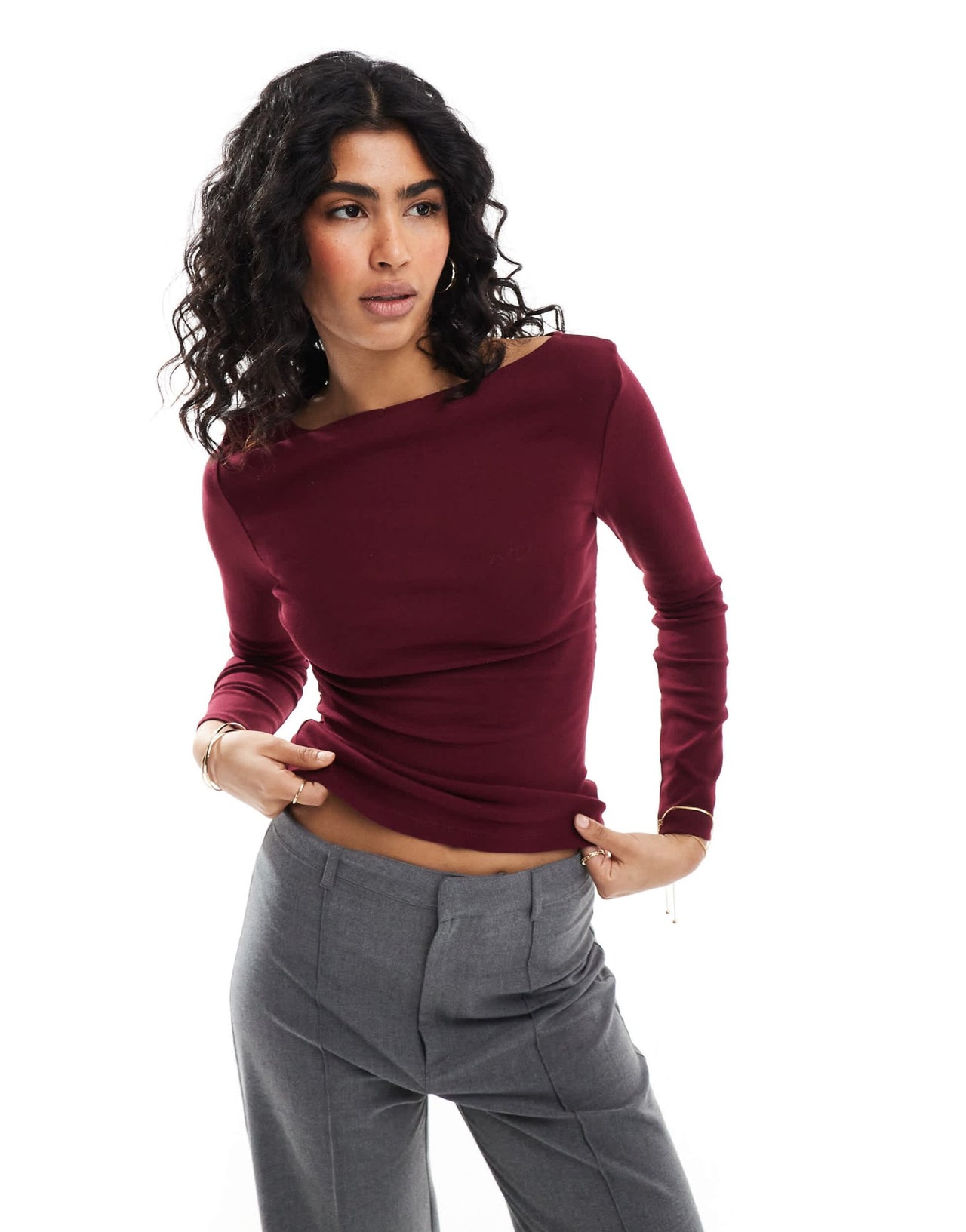 Stradivarius slash neck long sleeve top in burgundy - ASOS Sample Sale EU Store