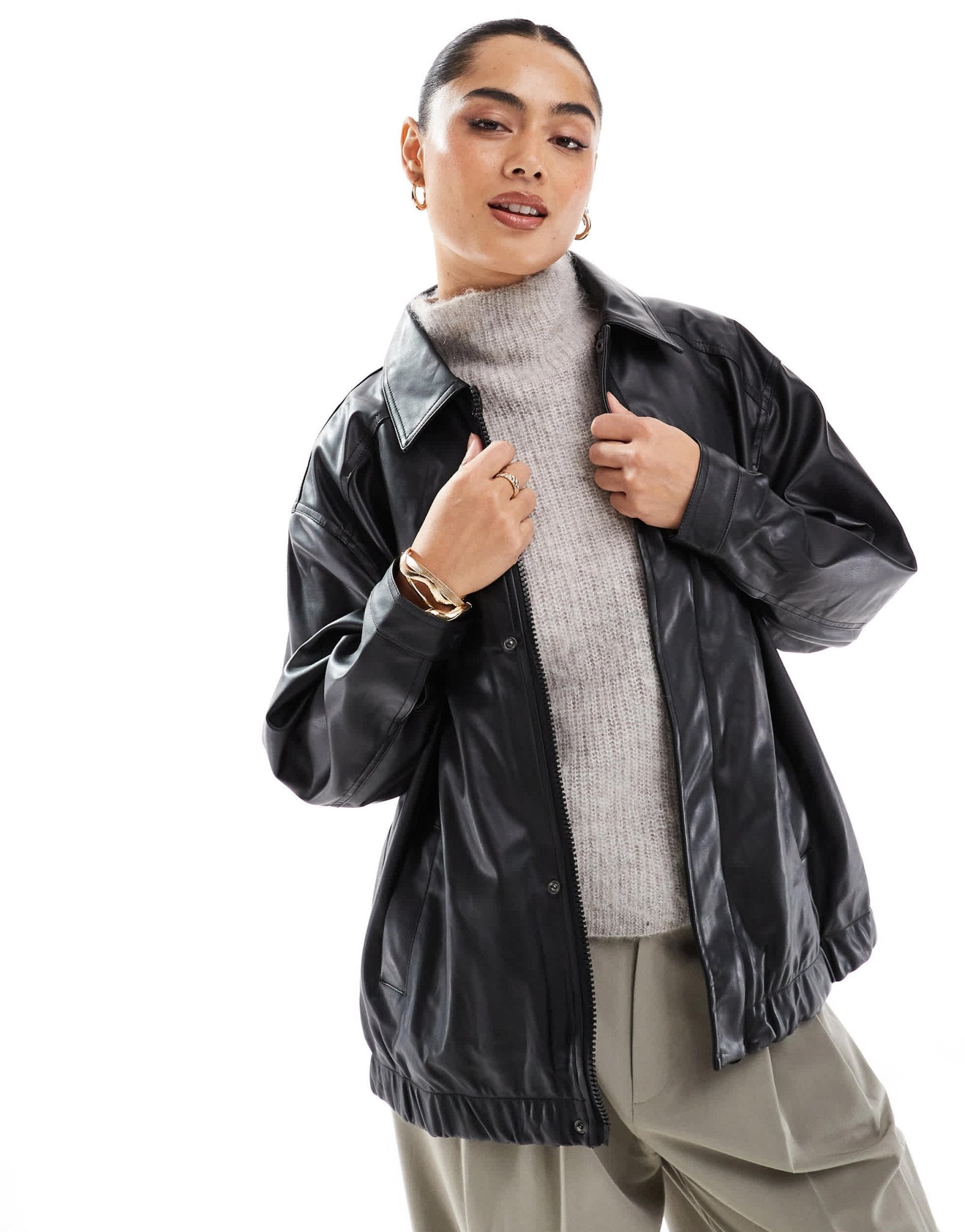Stradivarius STR faux leather bomber jacket in black - ASOS Sample Sale EU Store