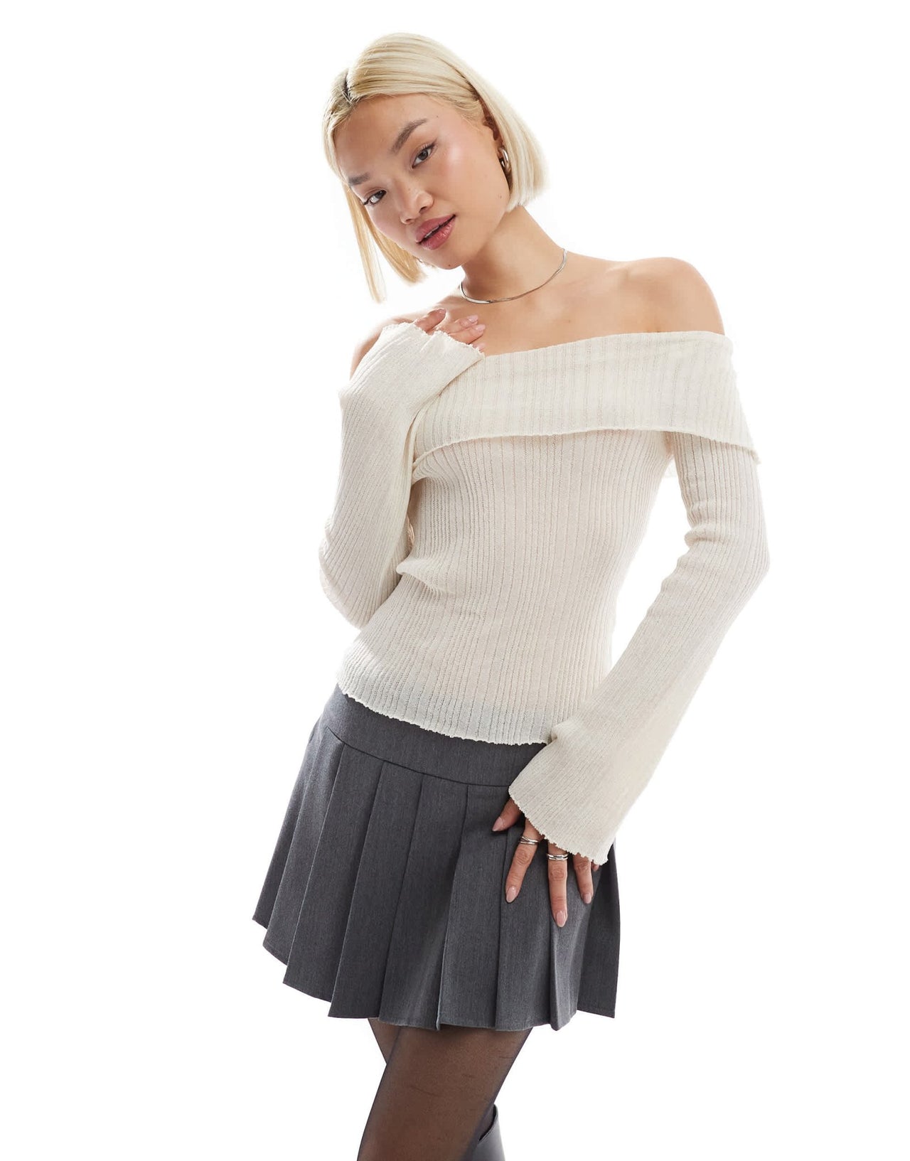 Stradivarius STR light knit off shoulder top in ecru - ASOS Sample Sale EU Store